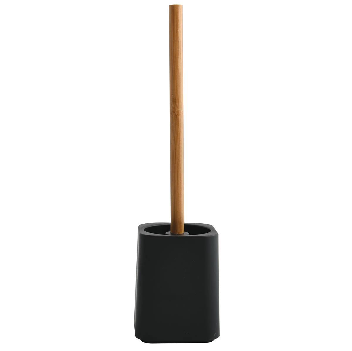 Schwarzer Toilettenstößel mit Holzgriff, aufrecht auf weißem Hintergrund dargestellt.