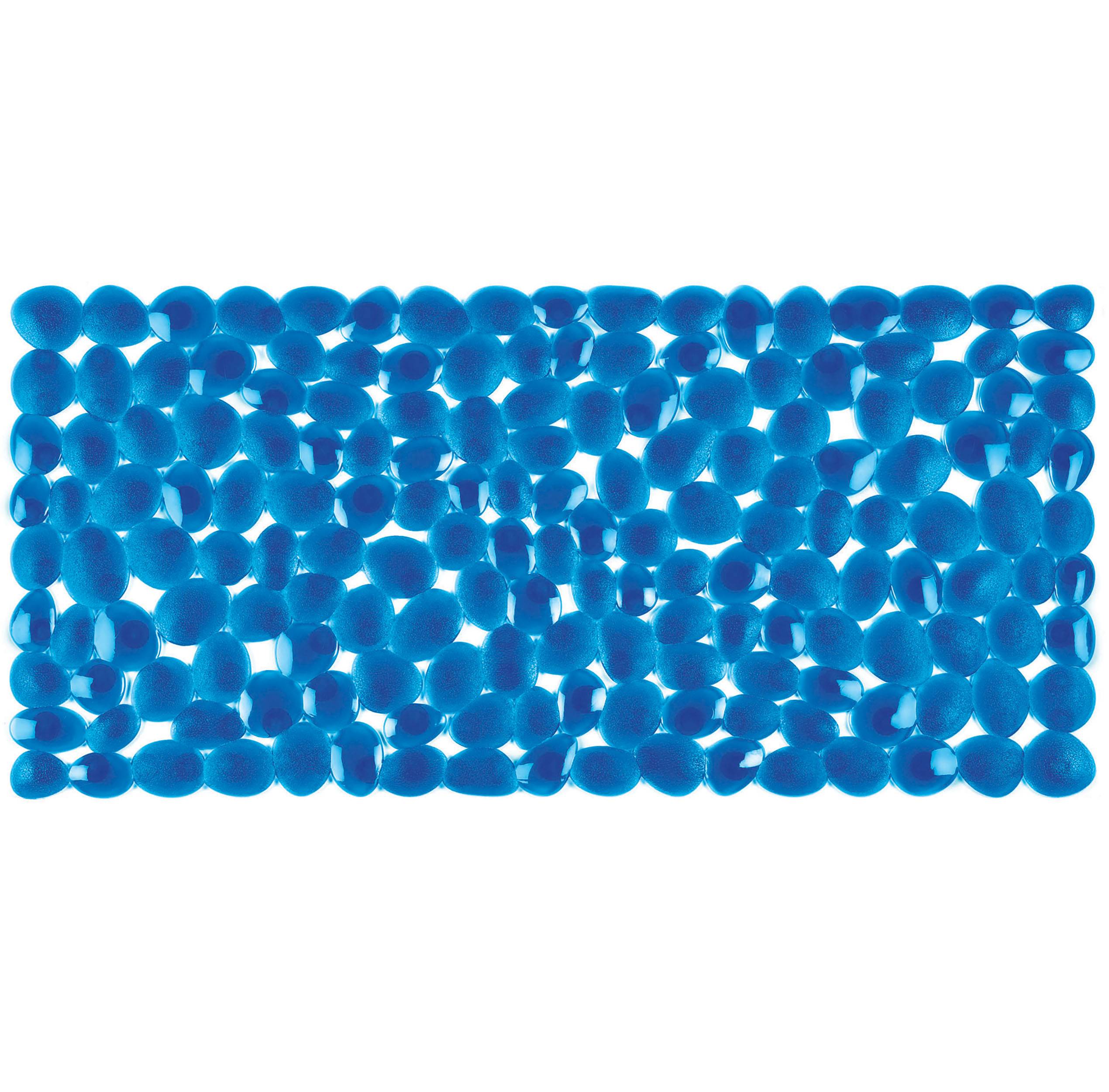 Ein dichtes rechteckiges Gitter aus durchsichtigen blauen Kapseln oder Perlen, die in Reihen auf weißem Hintergrund angeordnet sind.