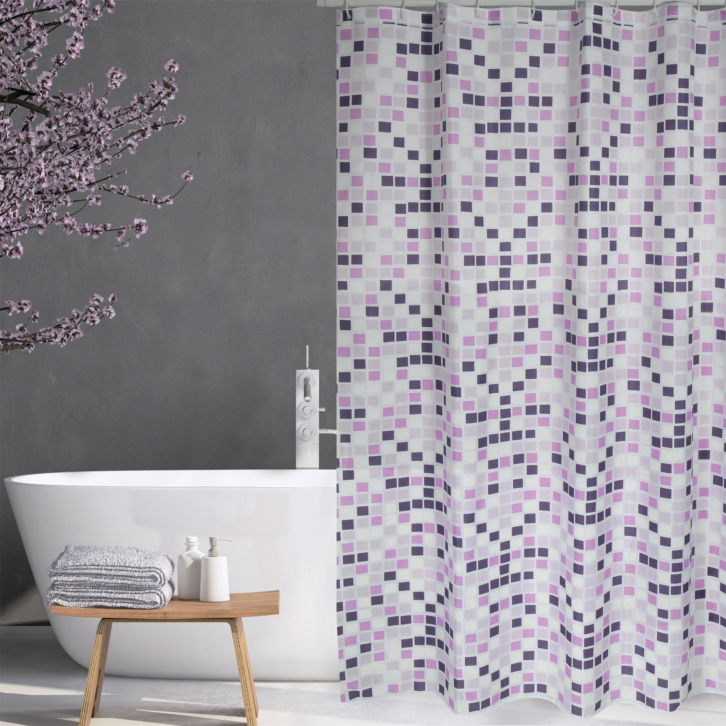 Cotexsa by MSV 142101 Anti-Schimmel Textil Duschvorhang - Anti-Bakteriell mit 12 Duschvorhangringen „Mosaik“ Violett 180x200cm