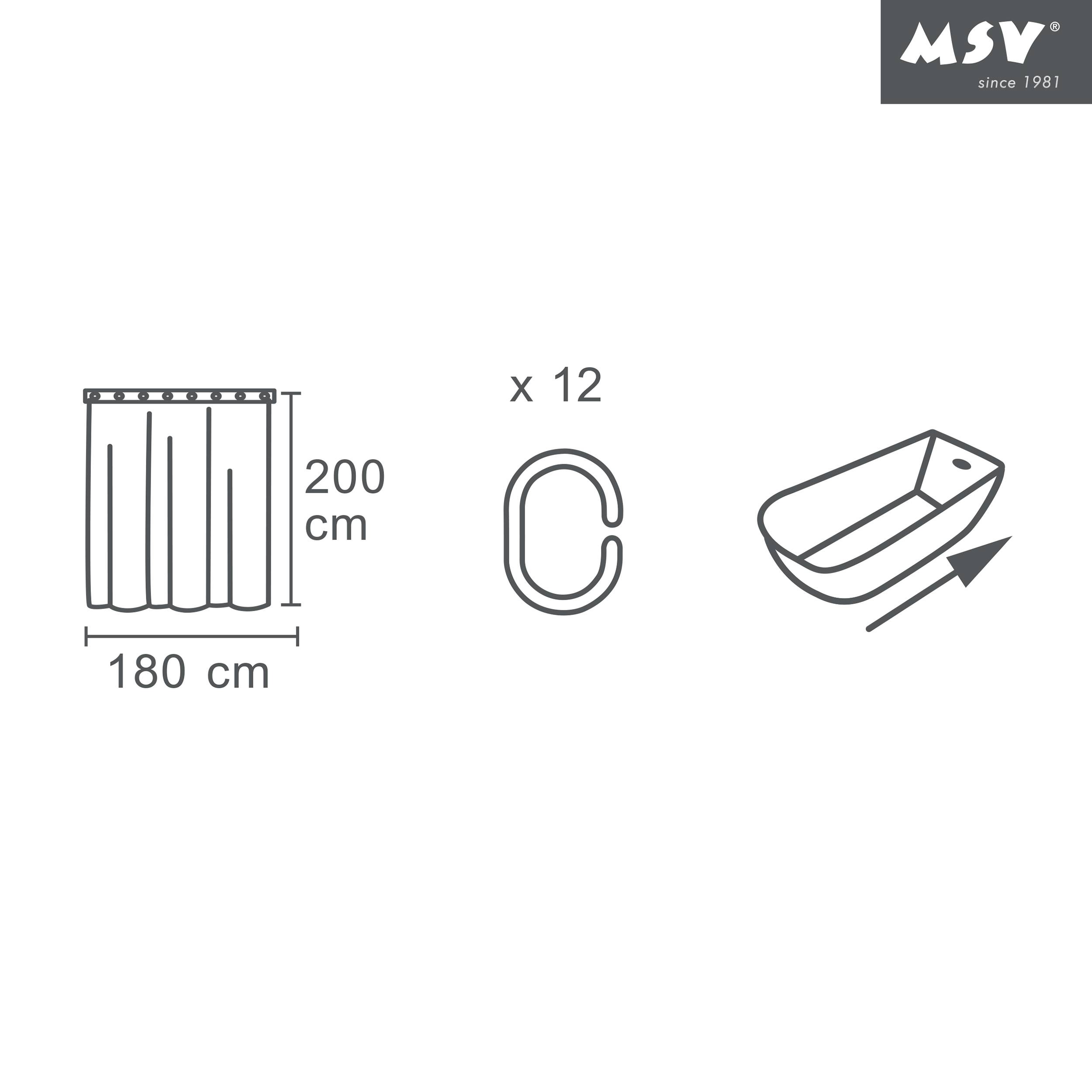 Diagramm, das einen 180 x 200 cm großen Vorhang, 12 Clipringe und ein bootsförmiges Futter zeigt, um die enthaltenen Teile und Abmessungen anzuzeigen.