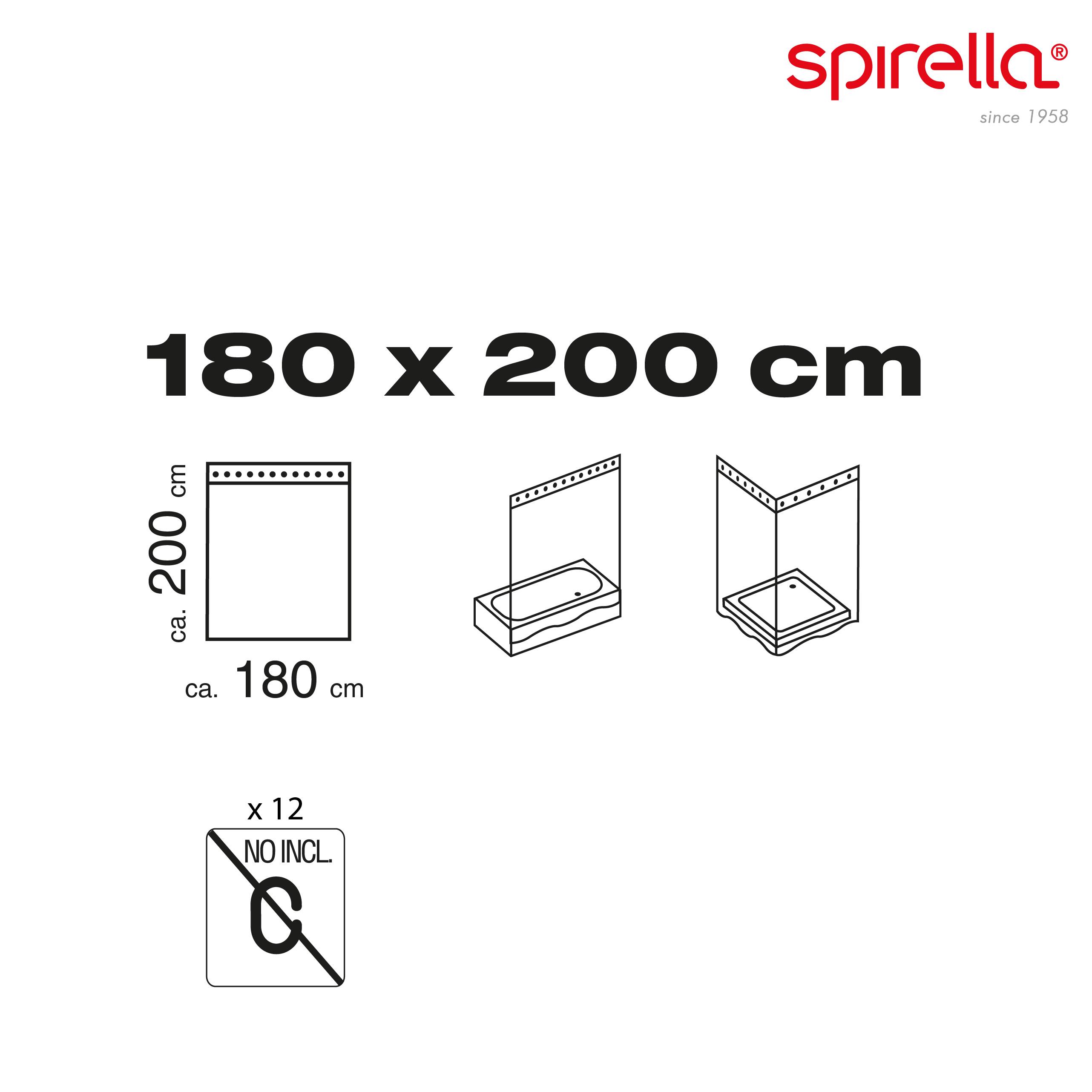 Spirella Duschvorhang Größe 180 x 200 cm, mit Aufhängungs- und Eckeninstallationsdiagrammen und Vermerk „x 12 NICHT ENTHALTEN