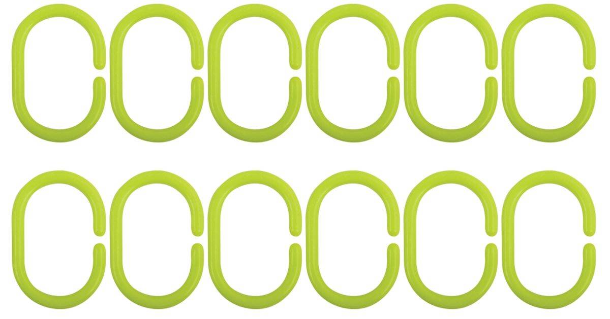 Zwölf hellgrüne ovale Büroklammern in zwei Reihen zu je sechs auf weißem Hintergrund angeordnet.