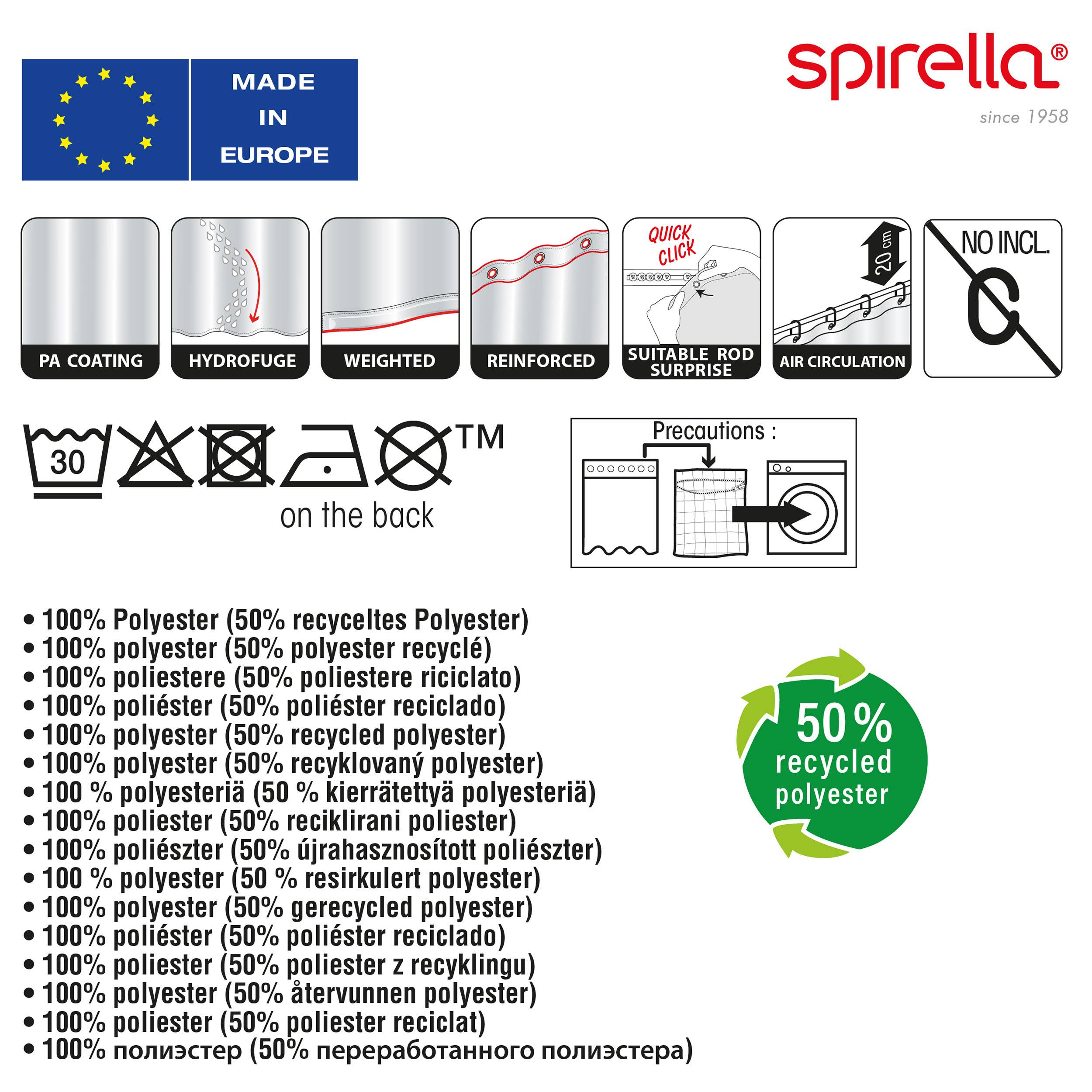 Produktetikett für einen Spirella-Duschvorhang: Hergestellt in Europa, PA-beschichtet, hydrophob, beschwert, verstärkt, Quick-Click-Stangenbefestigung, Luftzirkulation, chlorfrei, 50% recyceltes Polyester.