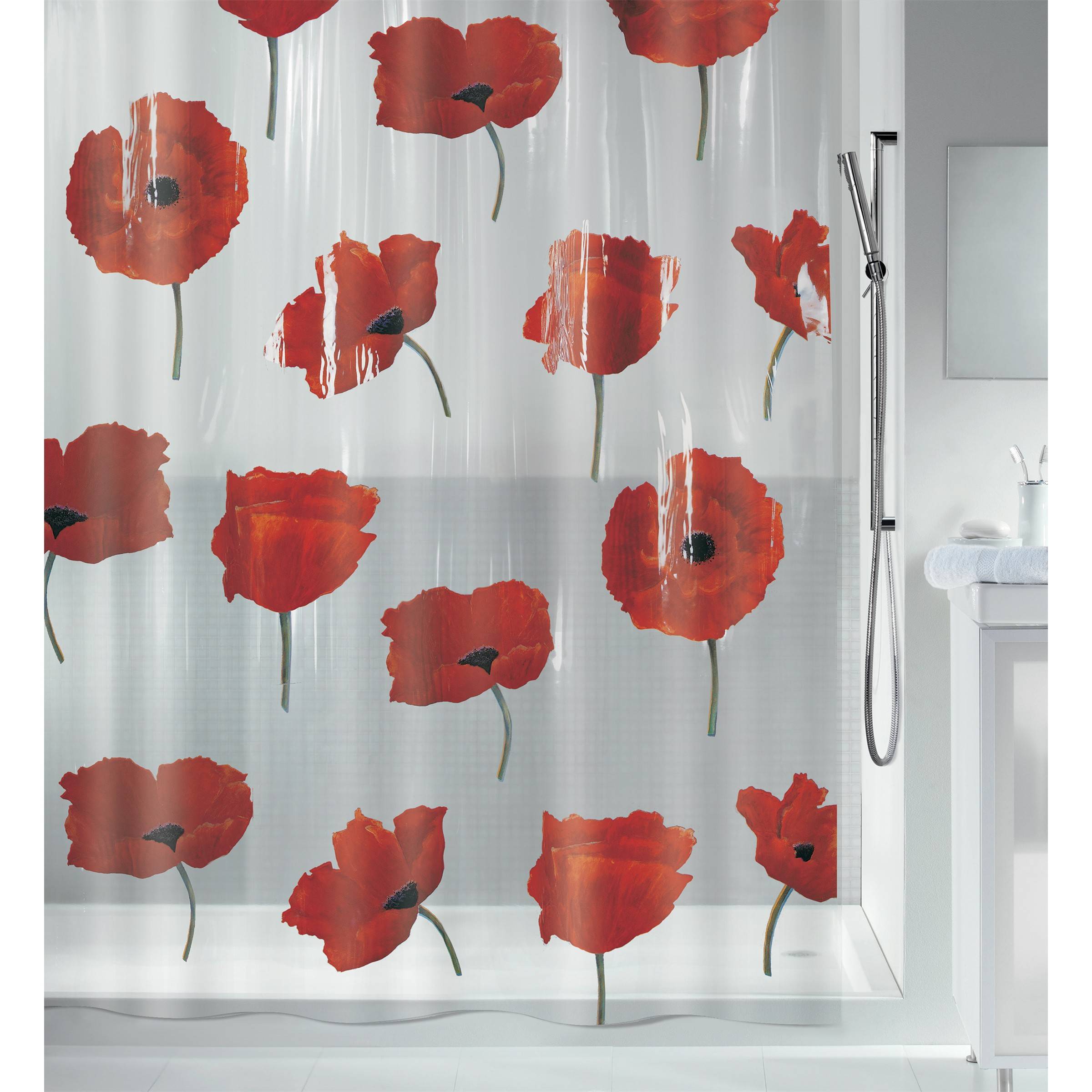 Spirella Anti-Schimmel Duschvorhang "Poppy Cinnabar" Anti-Bakteriell, waschbar, wasserdicht PVC 180x200cm