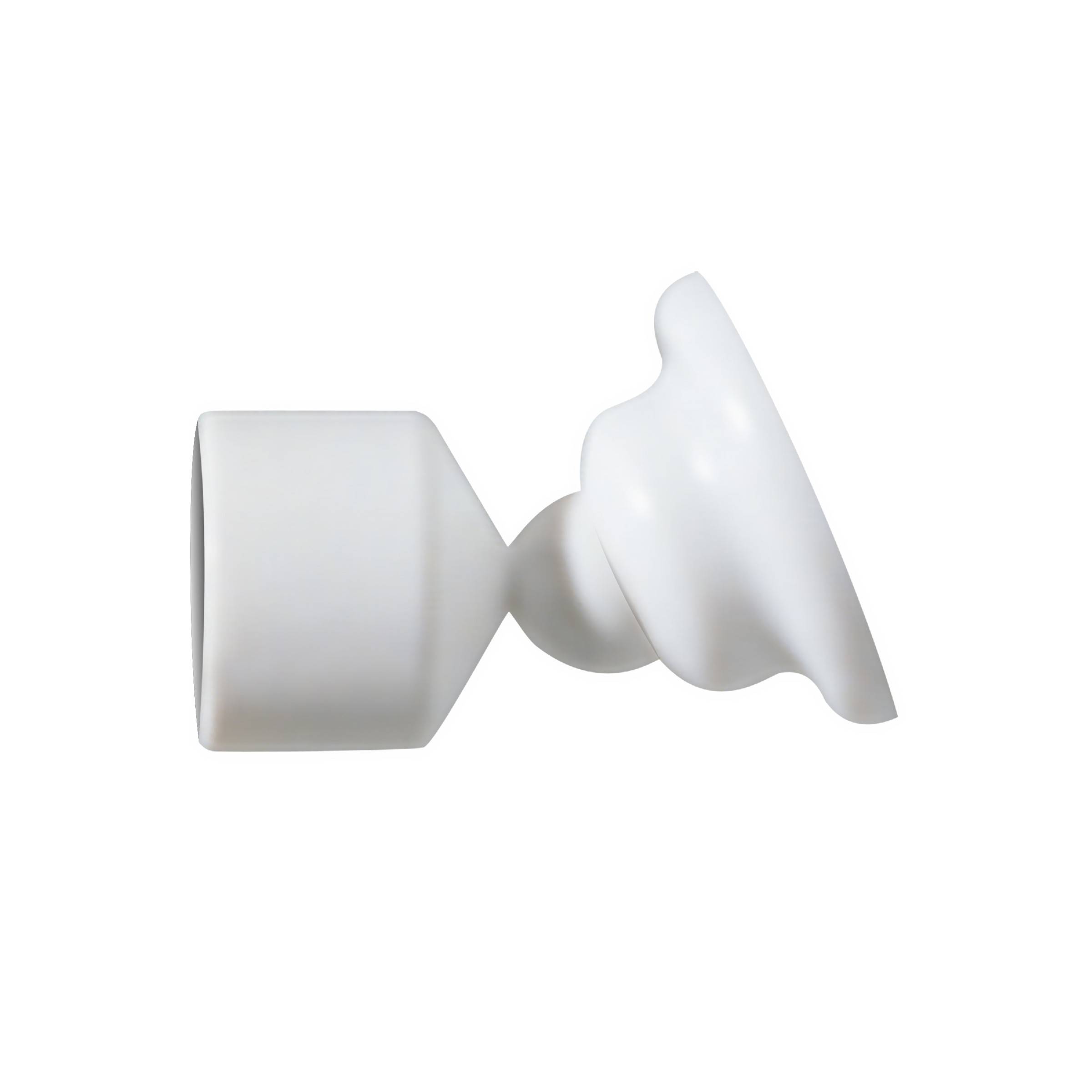 Weiße 3D-gerenderte Form, die einem Stecknadel- oder Verbindungsstift ähnelt, in Seitenansicht auf einfachem Hintergrund dargestellt.