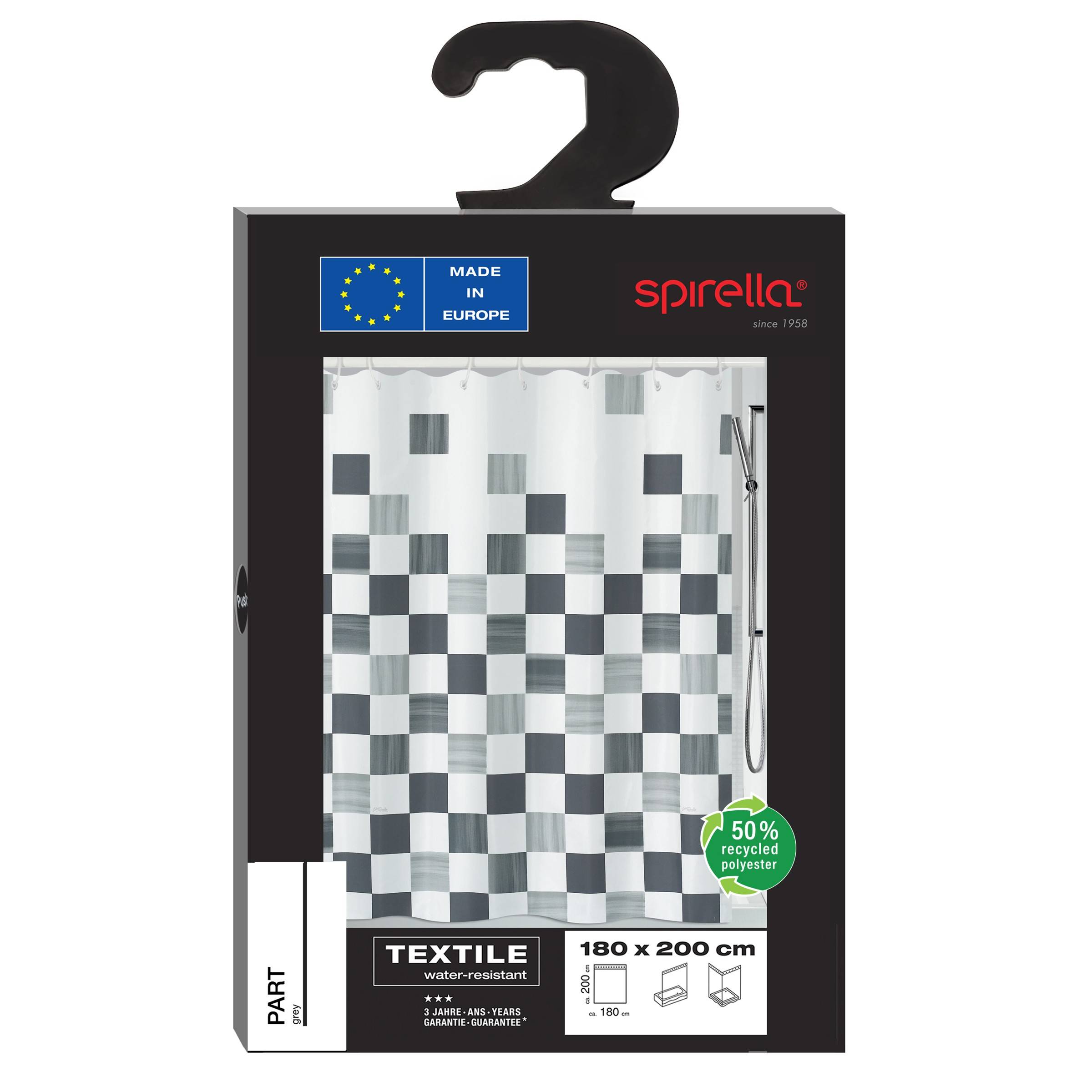 Spirella Anti-Schimmel Duschvorhang - Anti-Bakteriell, waschbar, wasserdicht, Polyester, „Part“ 180x200cm Schwarz Weiß