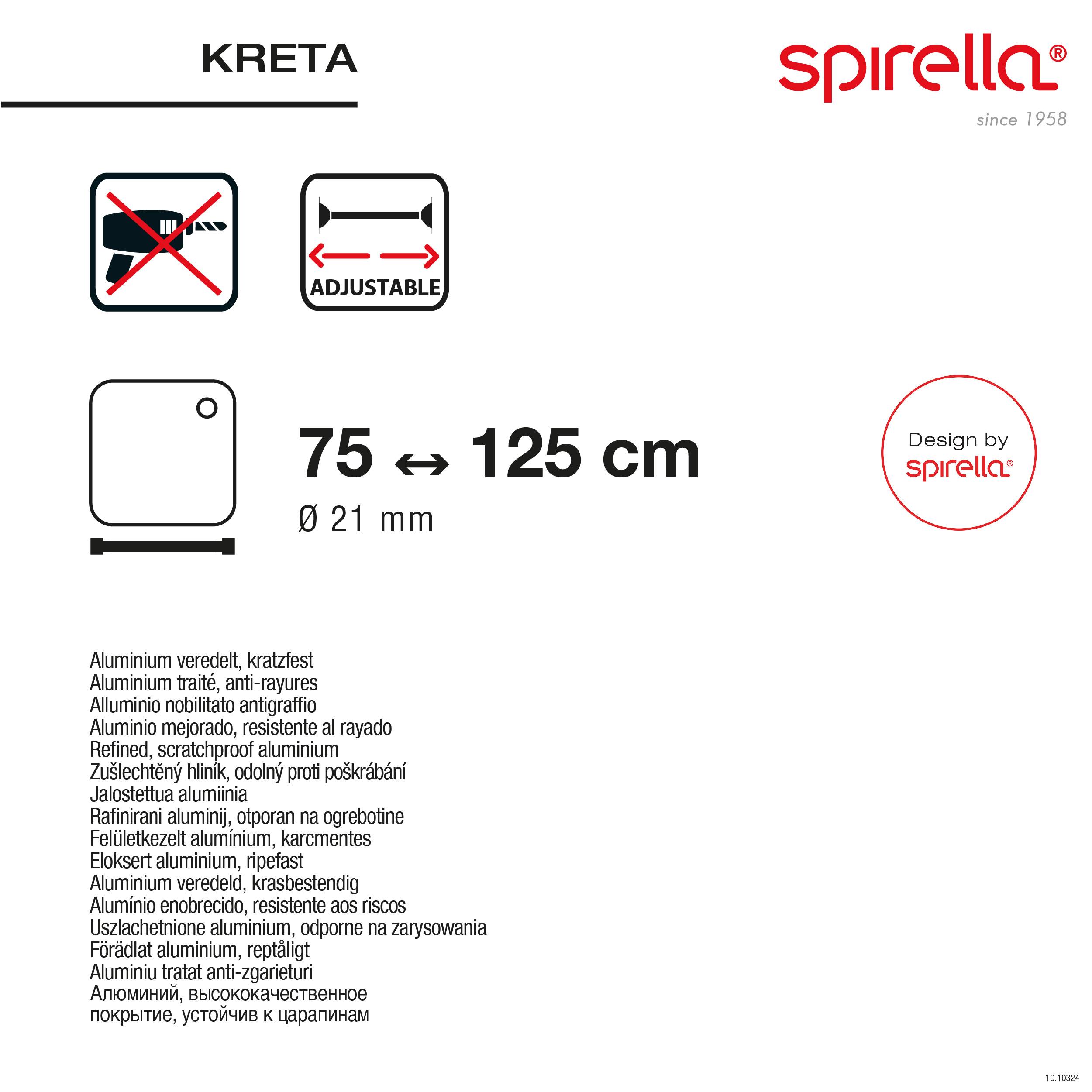 Produktblatt für den Kreta Aluminium-Heizkörper von Spirella, der verstellbar ist, 75 bis 125 cm groß, 21 mm Durchmesser, mit einer bohrlochfreien Wandhalterung.