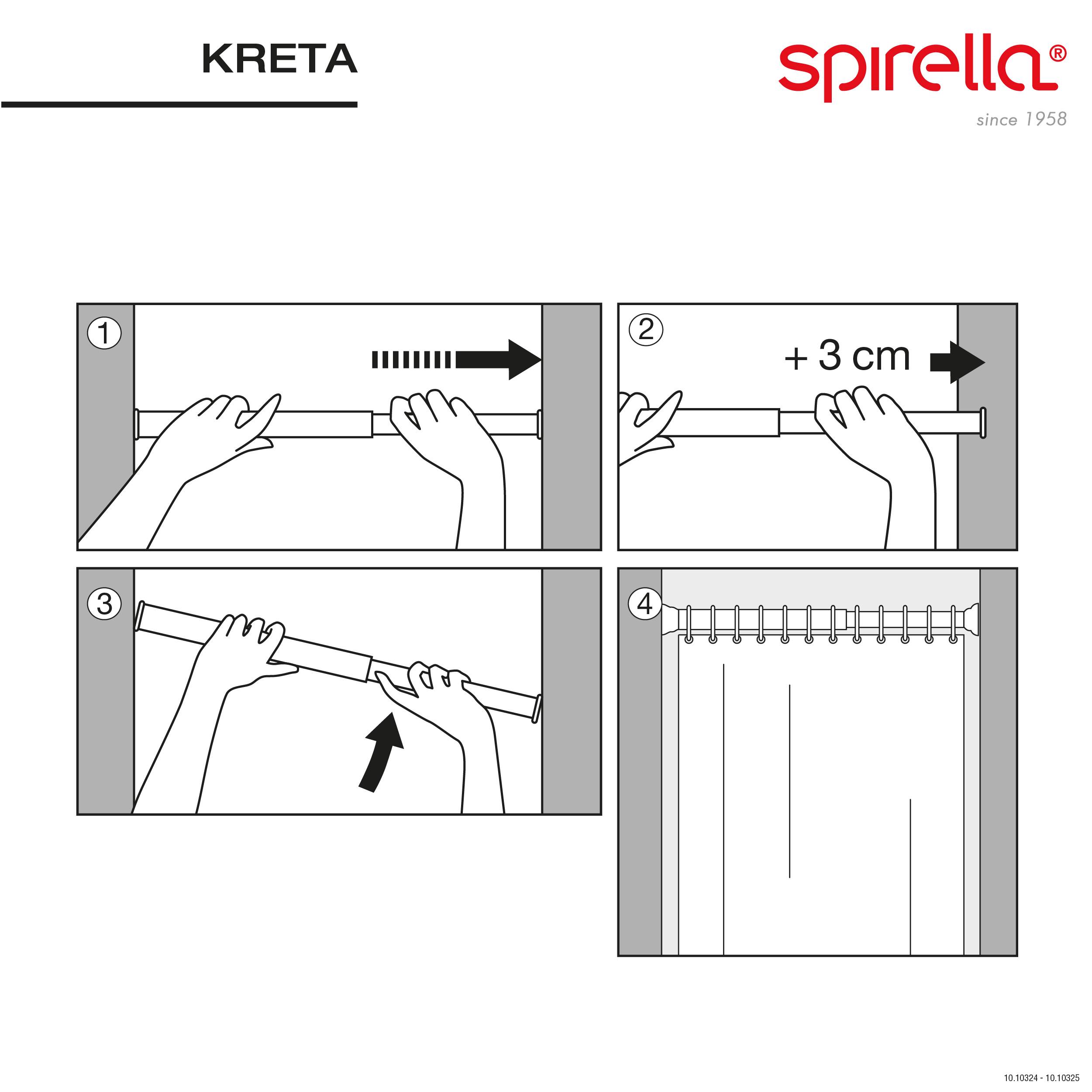 Installationsdiagramm für eine KRETA Spirella Gardinenstange: Die Stange 3 cm ausziehen, in einem Winkel einsetzen und dann die Gardine aufhängen.