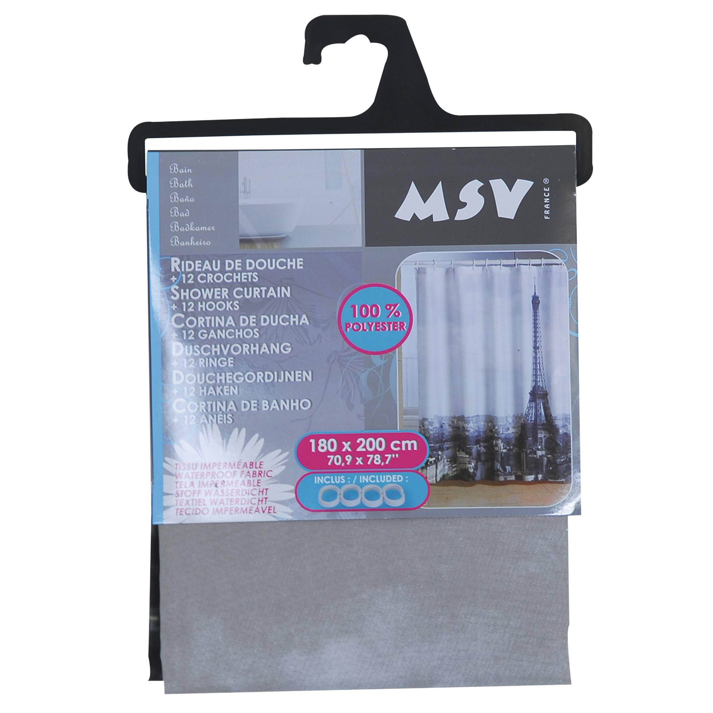 Verpackter grauer Duschvorhang mit 12 Haken, mit dem Label MSV, 180 x 200 cm, 100% Polyester, gezeigt in Einzelhandelsverpackung mit Produktbild.