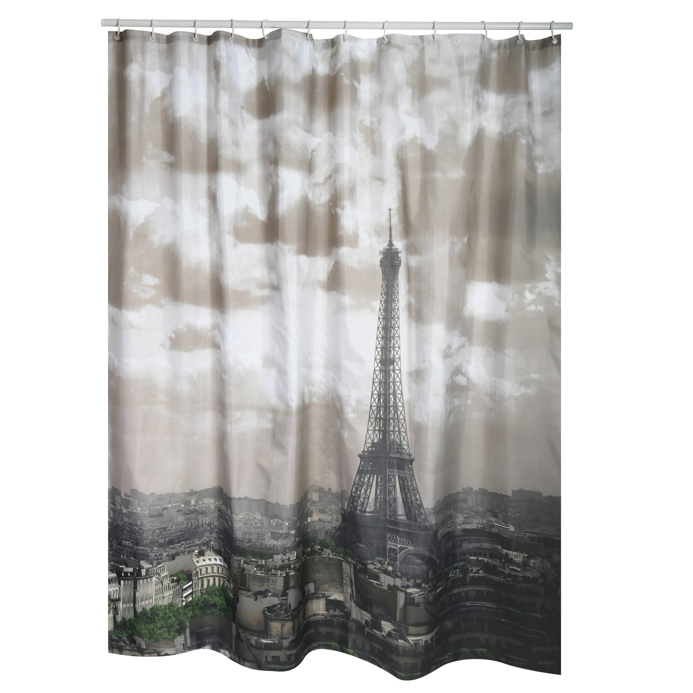 Duschvorhang mit einem Sepia-Skyline von Paris und dem Eiffelturm in der Mitte, gedruckt im Stadtlandschaftsstil.