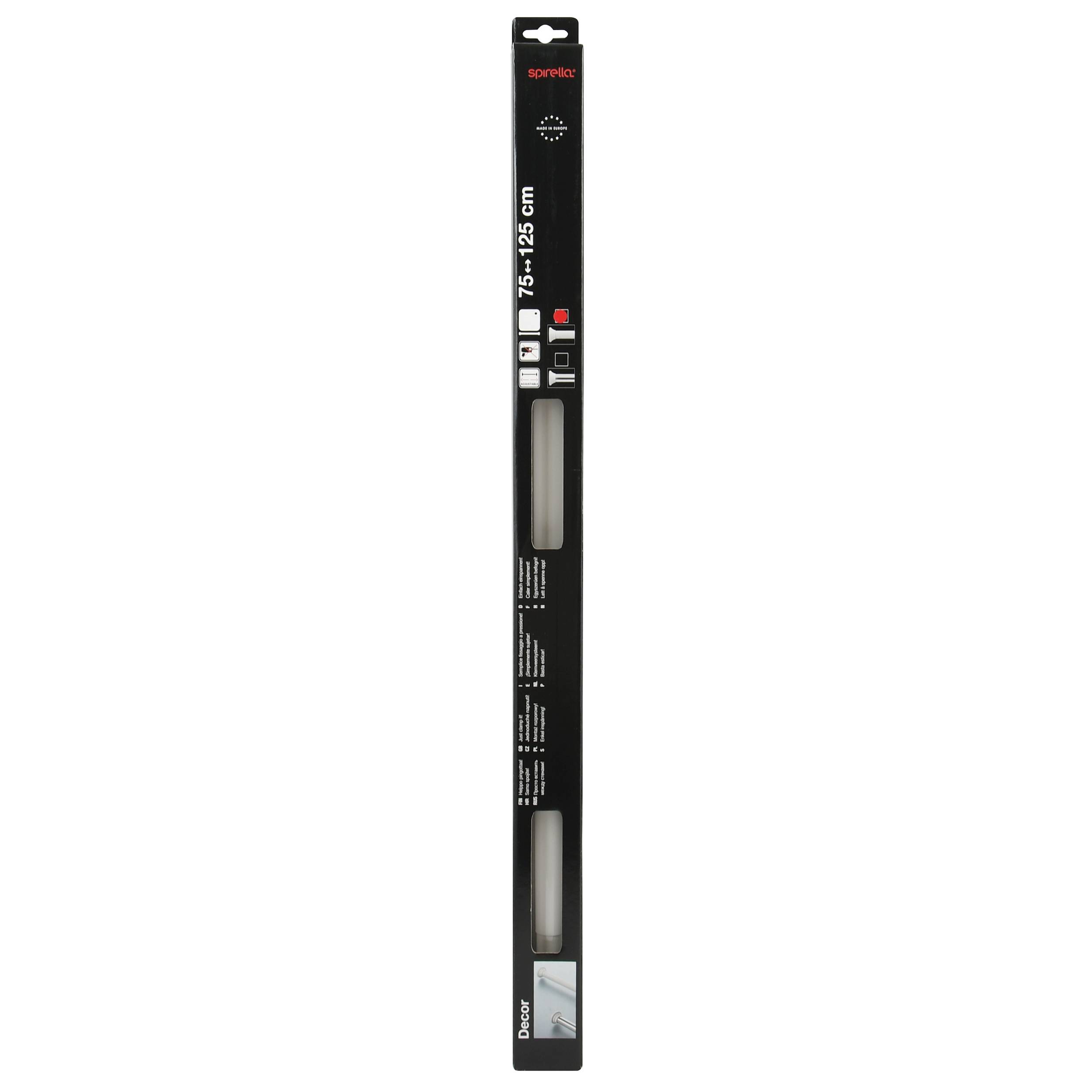 Hohes schwarzes verpacktes Produkt mit der Aufschrift „75-125 cm" und einem Fenster, das zwei weiße Komponenten zeigt, wahrscheinlich ein türbezogenes Artikel.