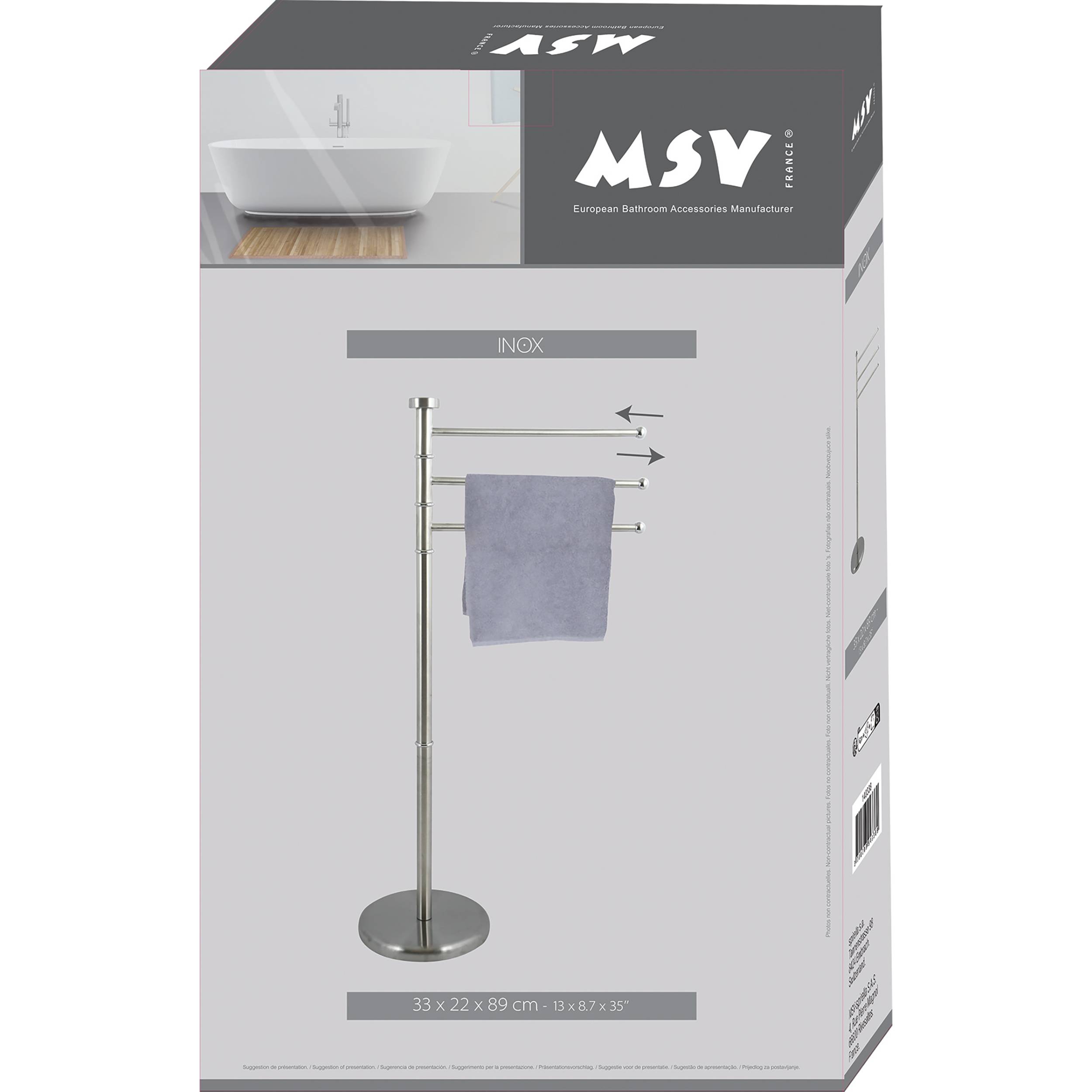 Produktbox für einen freistehenden MSV INOX Handtuchständer, der ein chromiertes Regal mit Handtuchstangen und ein Handtuch zeigt; Abmessungen 33 x 22 x 89 cm.