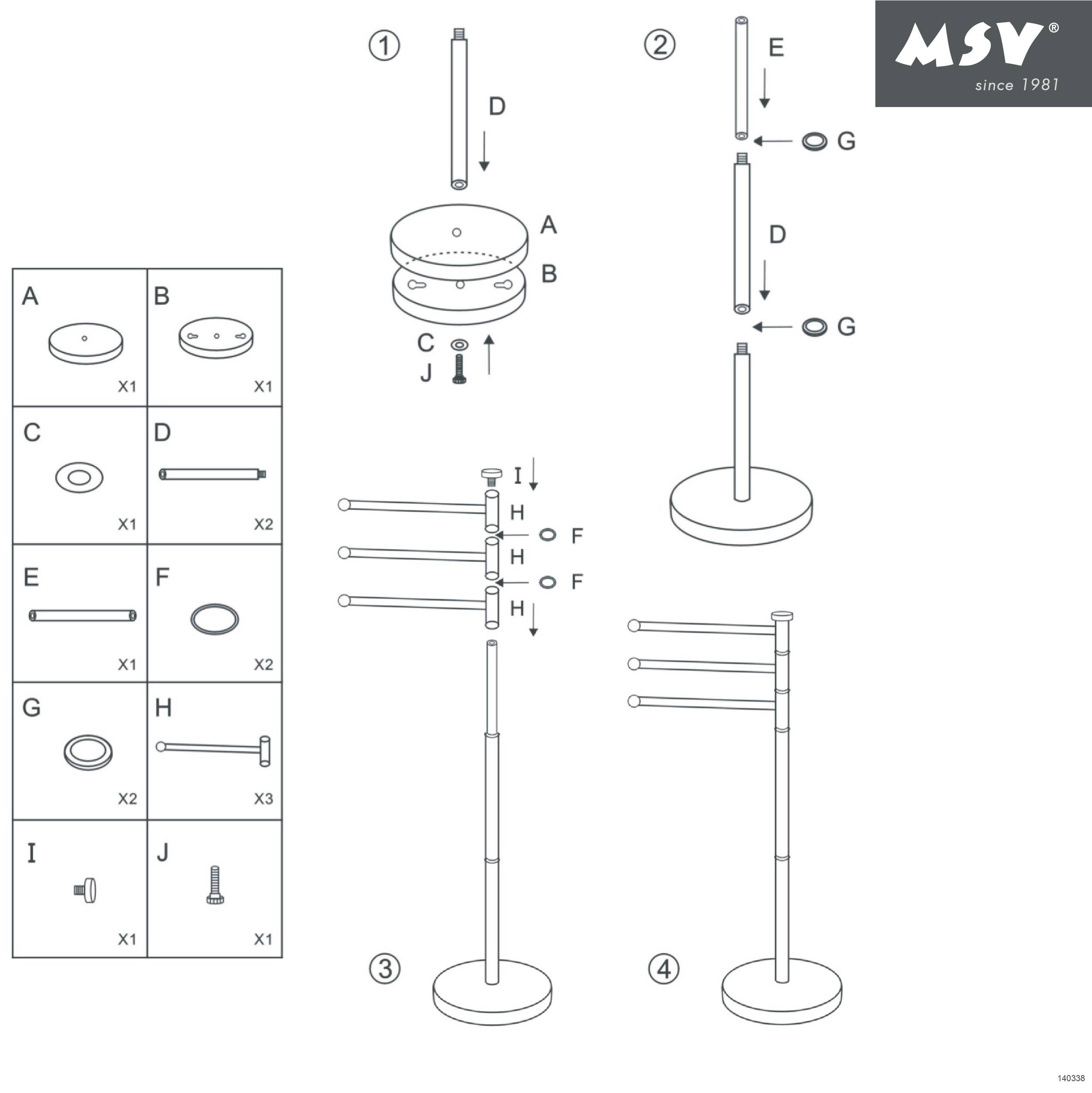 Anleitung mit nummerierten Montageschritten für einen MSV-Mantelständer, mit Teileliste und Hardwarekennzeichnungen A–J.