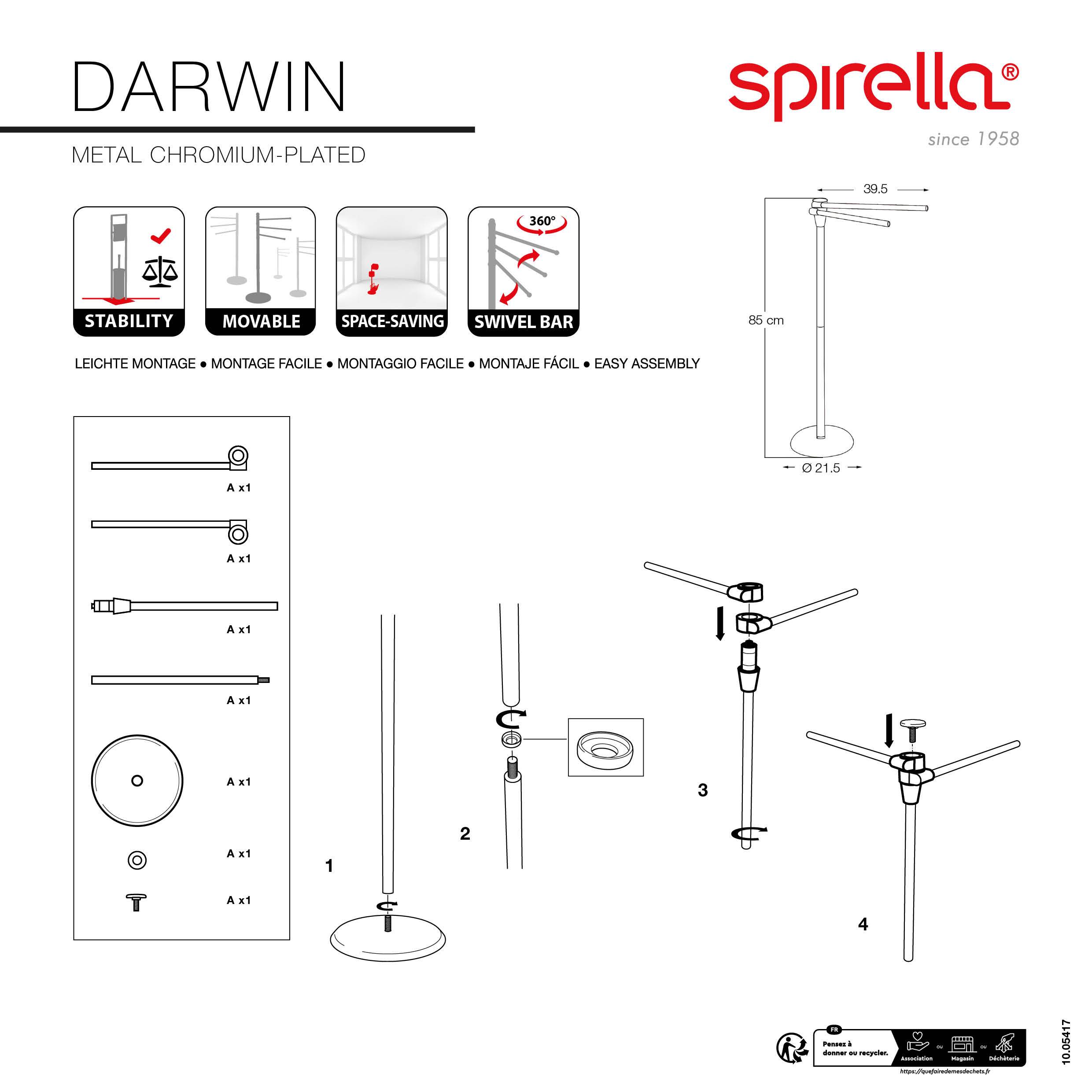 Spirella Darwin Metall-Duschzubehör verchromt mit Symbolen für Stabilität, beweglich, platzsparend und 360°-Drehstange, plus Montageteile und Schritt-für-Schritt-Installationsdiagramm.