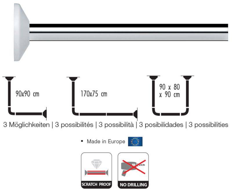 Duschvorhangstange mit Wand- und Deckenmontageoptionen, zeigt Größenkompatibilität für 90x90 cm, 170x75 cm und 90 x 80/90 cm Duschen; hergestellt in Europa, kratzfest, keine Bohrung erforderlich.
