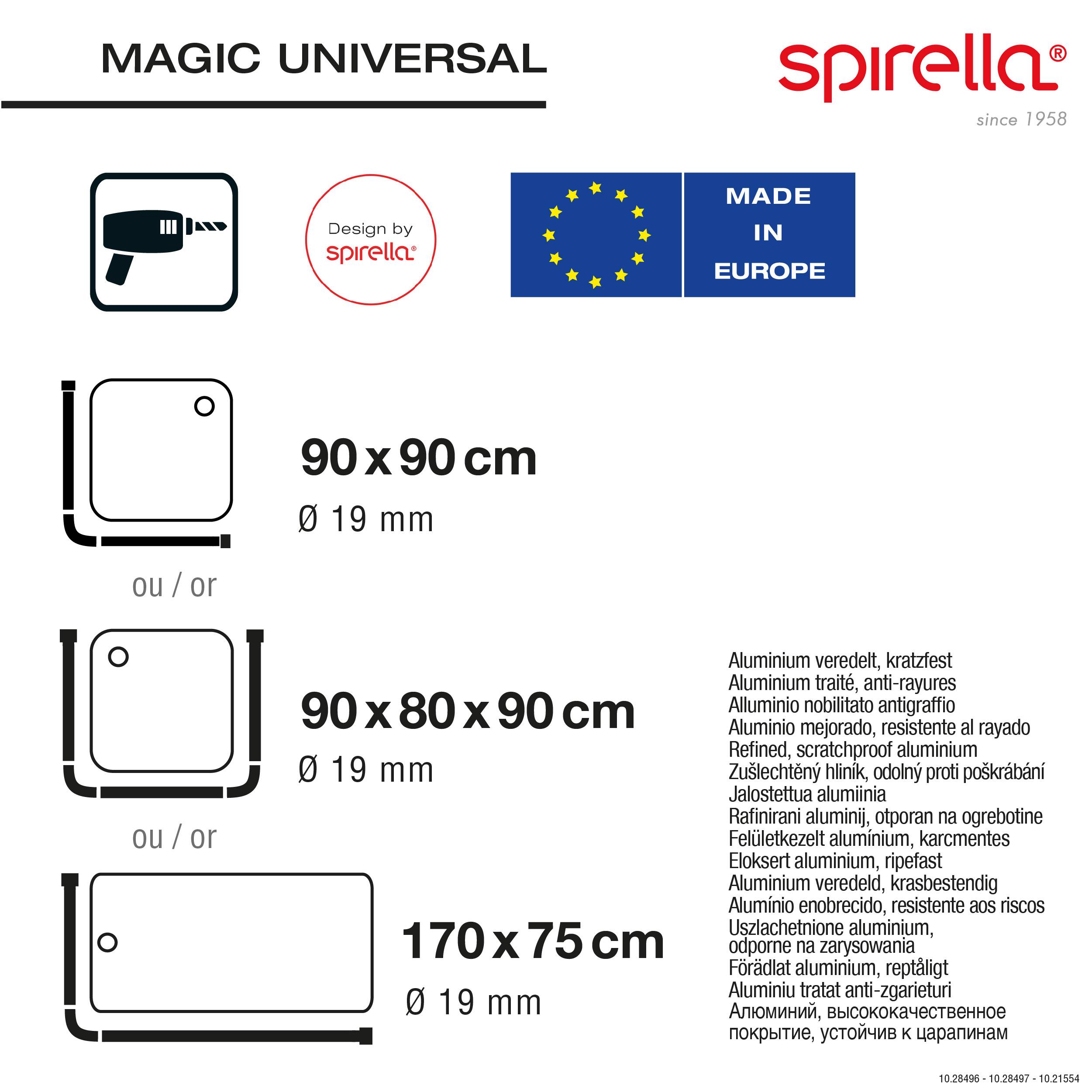 Spirella 'Magic Universal' Duschzubehör-Größendiagramm mit den Abmessungen 90 x 90 cm, 90 x 80 x 90 cm und 170 x 75 cm, alle mit 19 mm Rohrdurchmesser; hergestellt in Europa.