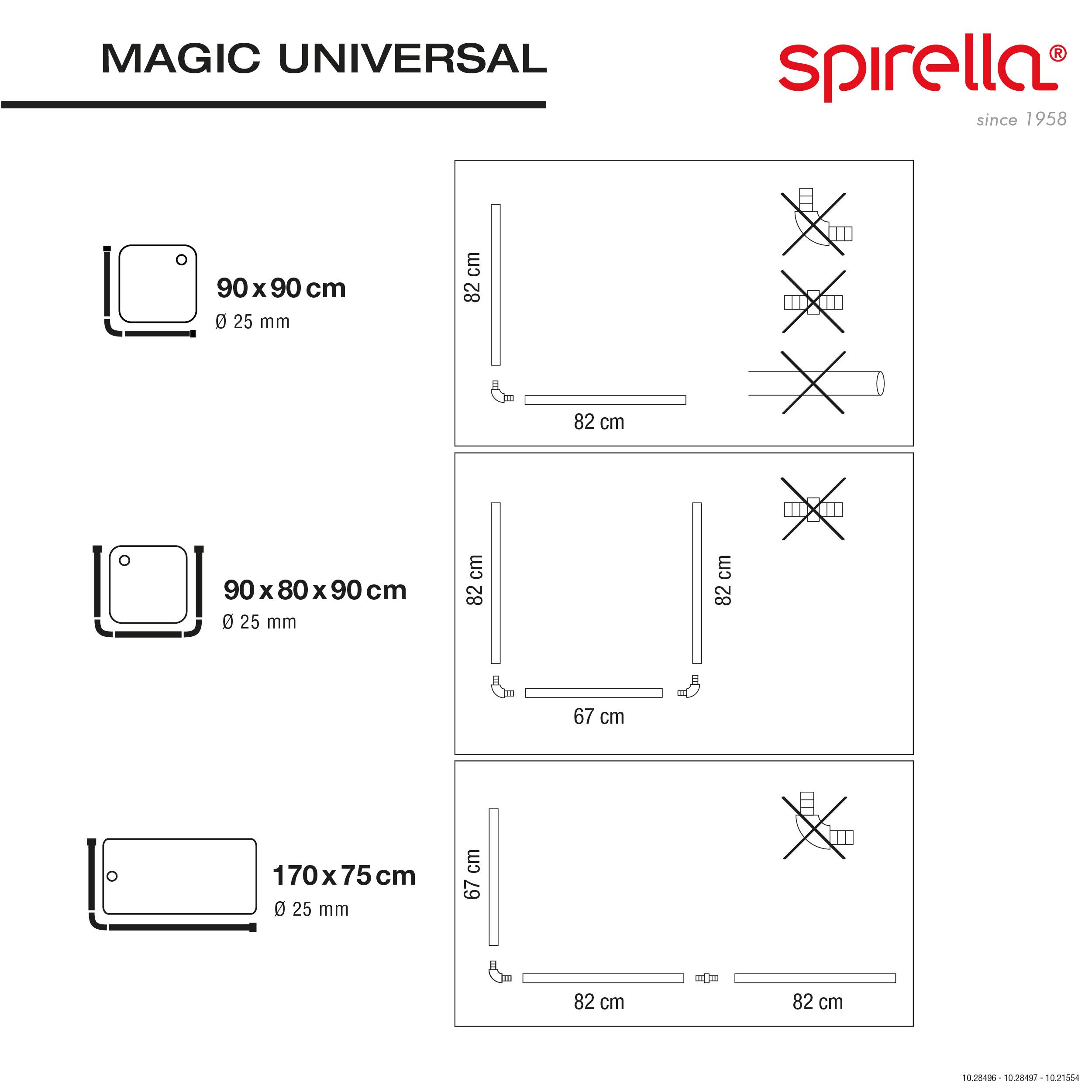 Spairella Magic Universal Duschewannenmontagezeichnung mit drei Größenoptionen: 90 x 90 cm, 90 x 80 x 90 cm und 170 x 75 cm, mit Dimensionsmessungen und durchgestrichenen inkompatiblen Konfigurationen.