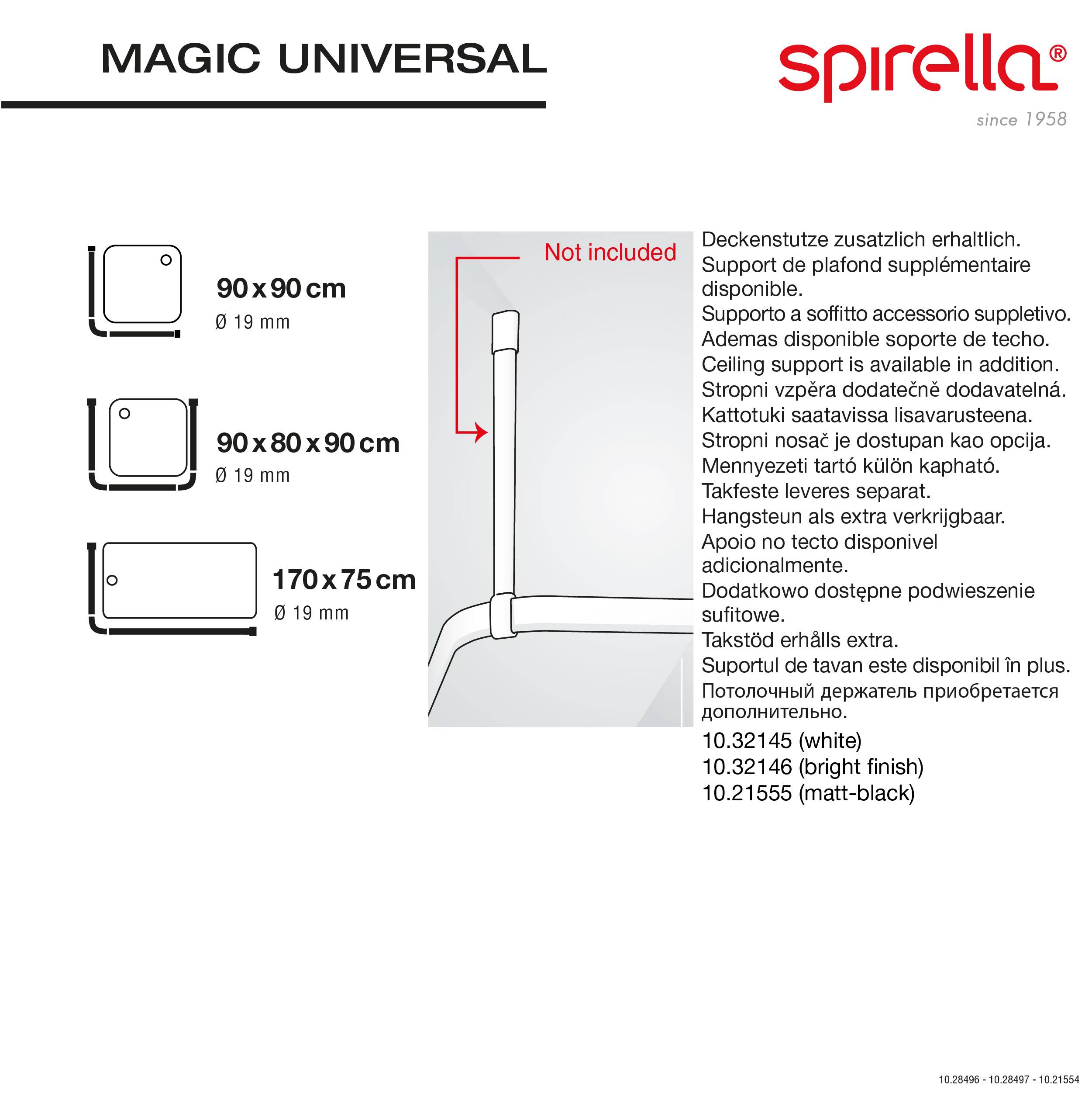 Spirella Produktdiagramm für eine Duschvorhang-Stützstange, zeigt Größenoptionen 90x90 cm, 90x80x90 cm und 170x75 cm, mit Deckenstütze gekennzeichnet als 'Nicht enthalten' und separat erhältlich.