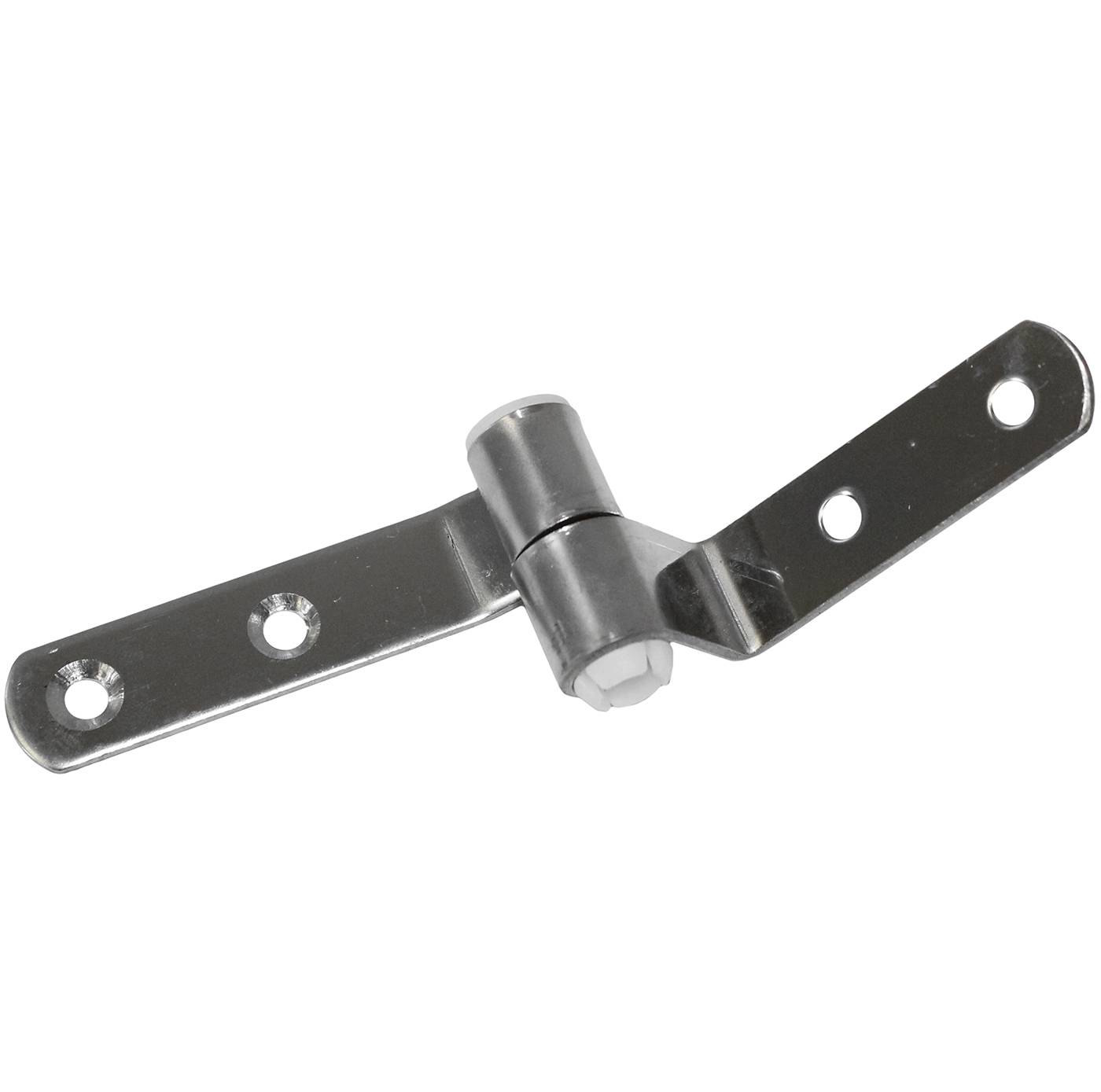 Metallisches Scharnierklammerband mit zwei Befestigungsarmen und Schraubenlöchern, isoliert auf weißem Hintergrund dargestellt.