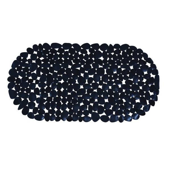 Ein dichter ovaler Haufen aus vielen kleinen dunklen marineblauen kieselsteinähnlichen Teilen auf einem schlichten weißen Hintergrund.