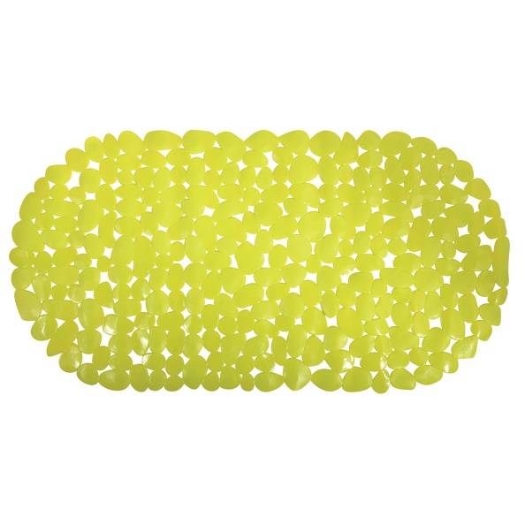 Gelbe ovale Badmatte aus vielen kleinen kieselsteinartigen Stücken auf weißem Hintergrund.