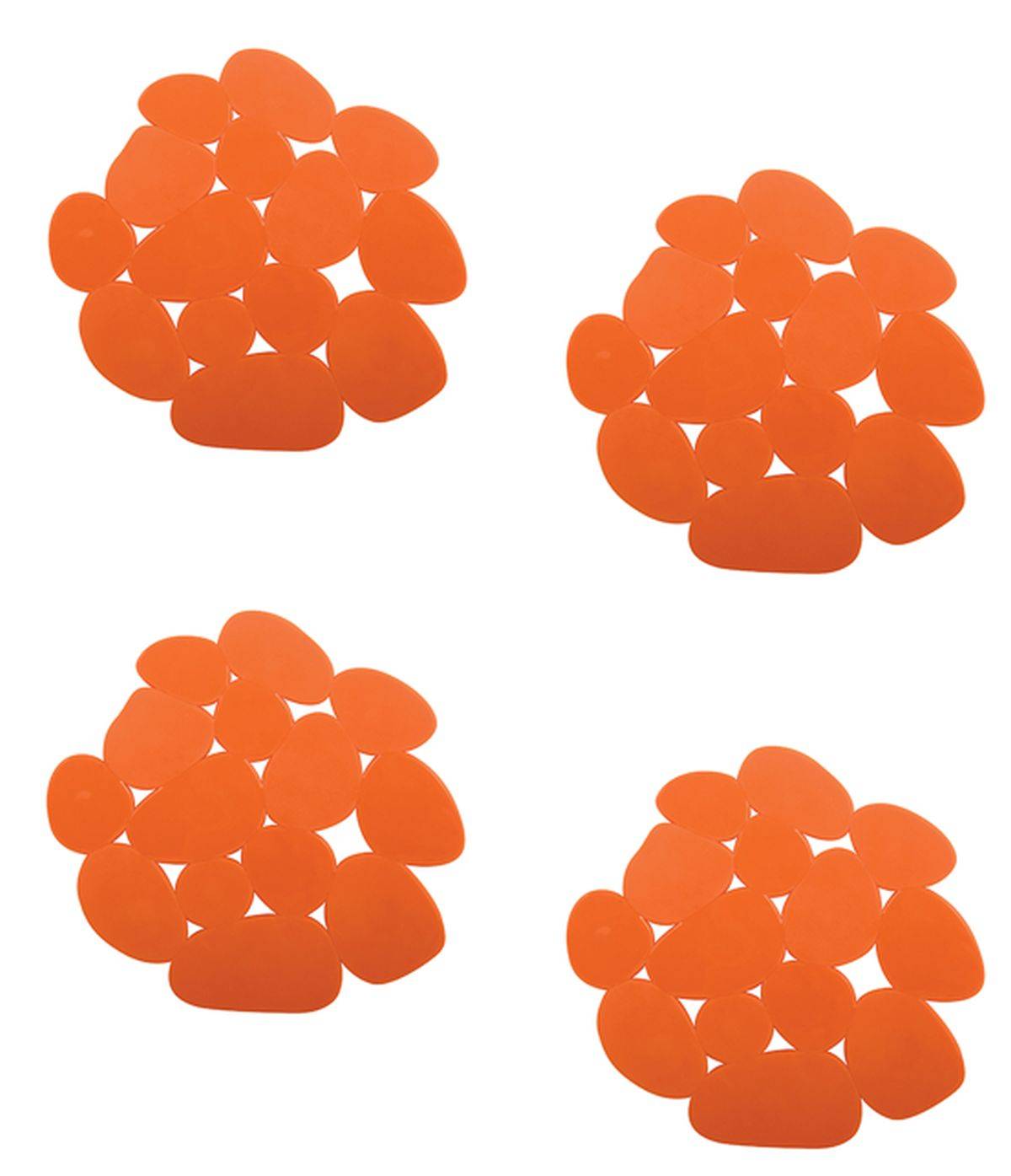 Vier separate Cluster von orangefarbenen ovalen Formen, die in einem 2-x-2-Muster auf weißem Hintergrund angeordnet sind.