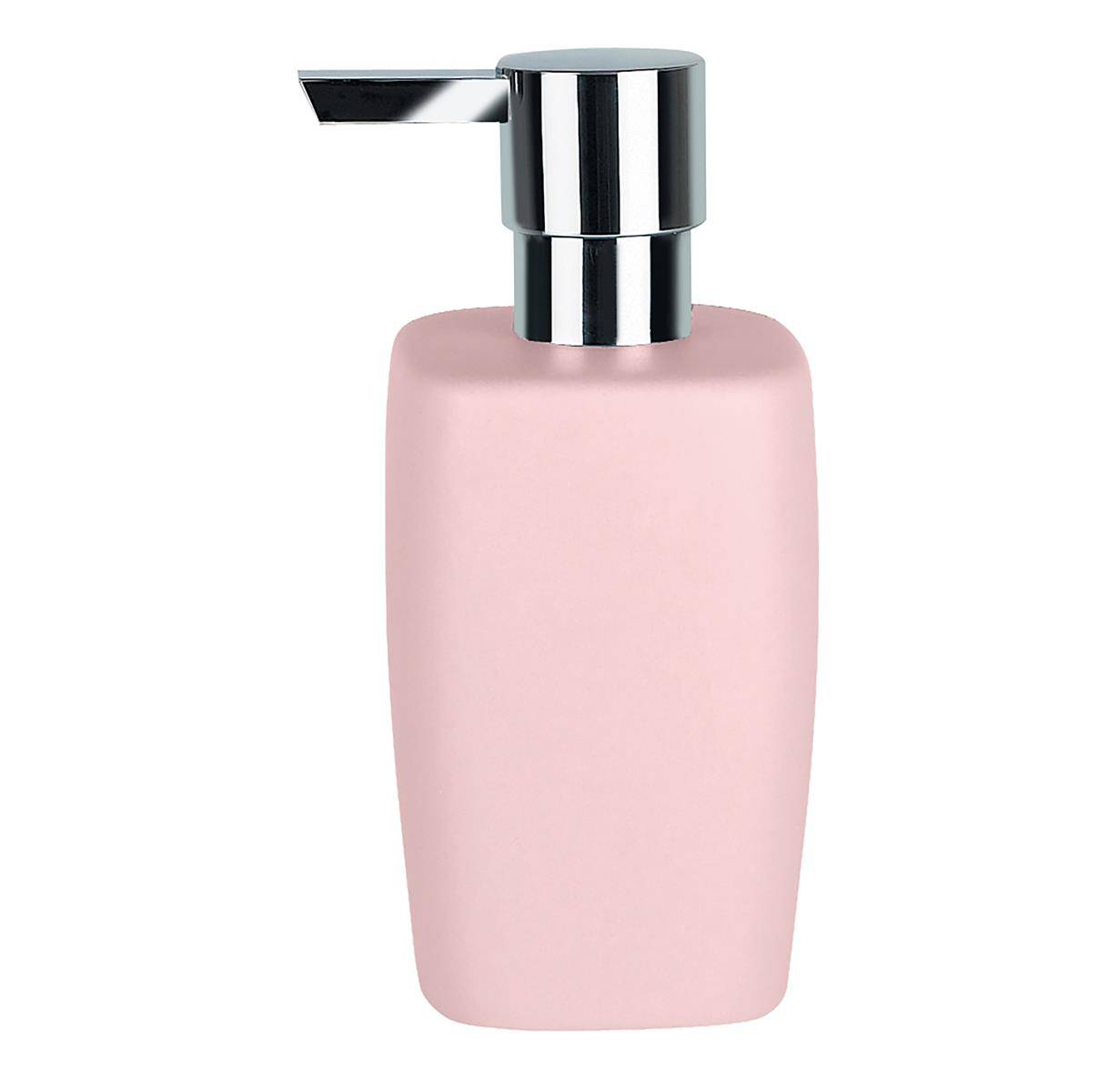 Rosafarbener Seife- oder Lotion-Spender mit verchromter Pumpe, isoliert auf weißem Hintergrund.