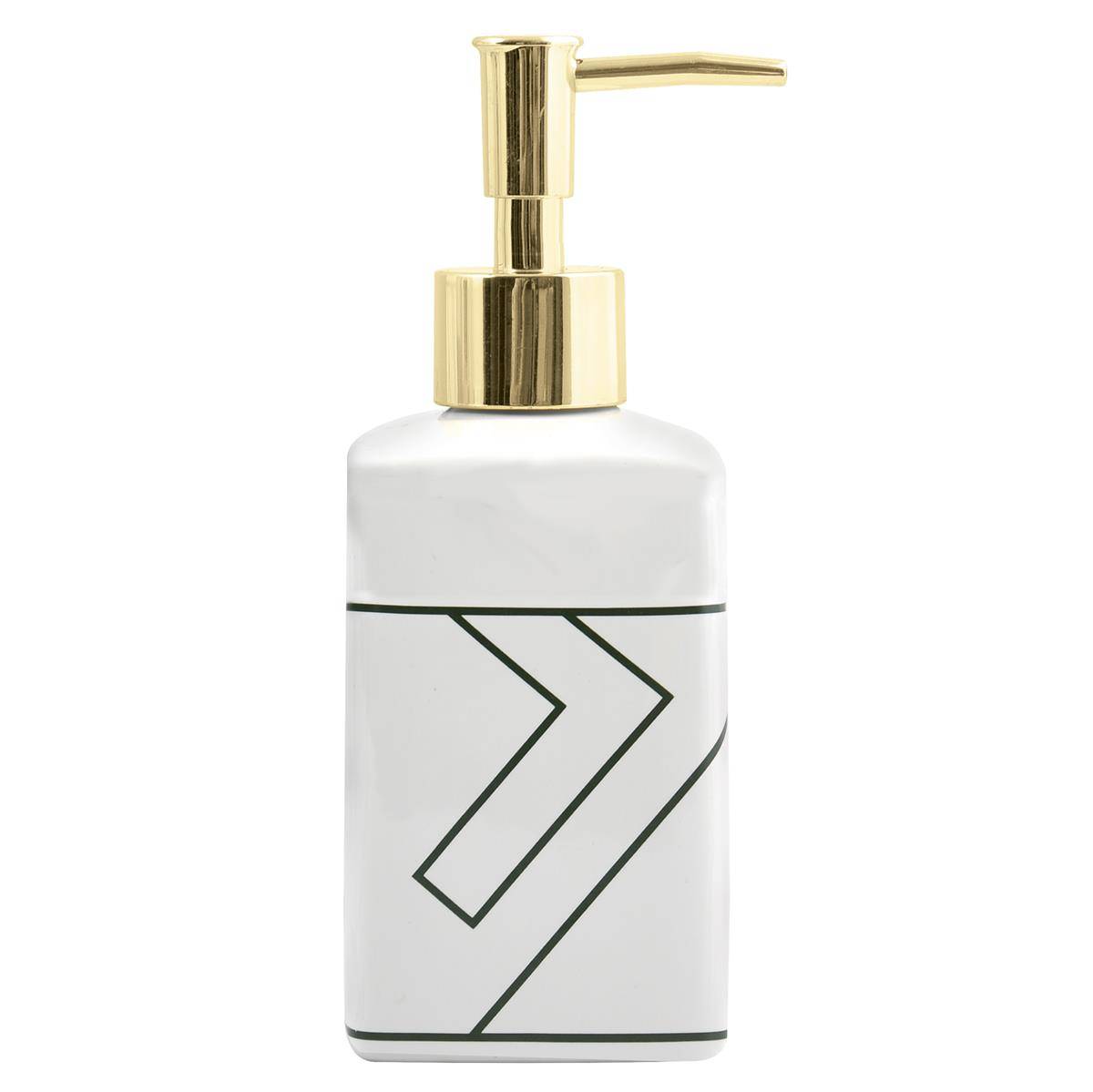 Weißer Seifenspender mit goldenem Pumpenkopf und geometrischem Liniendesign auf einfachem Hintergrund.