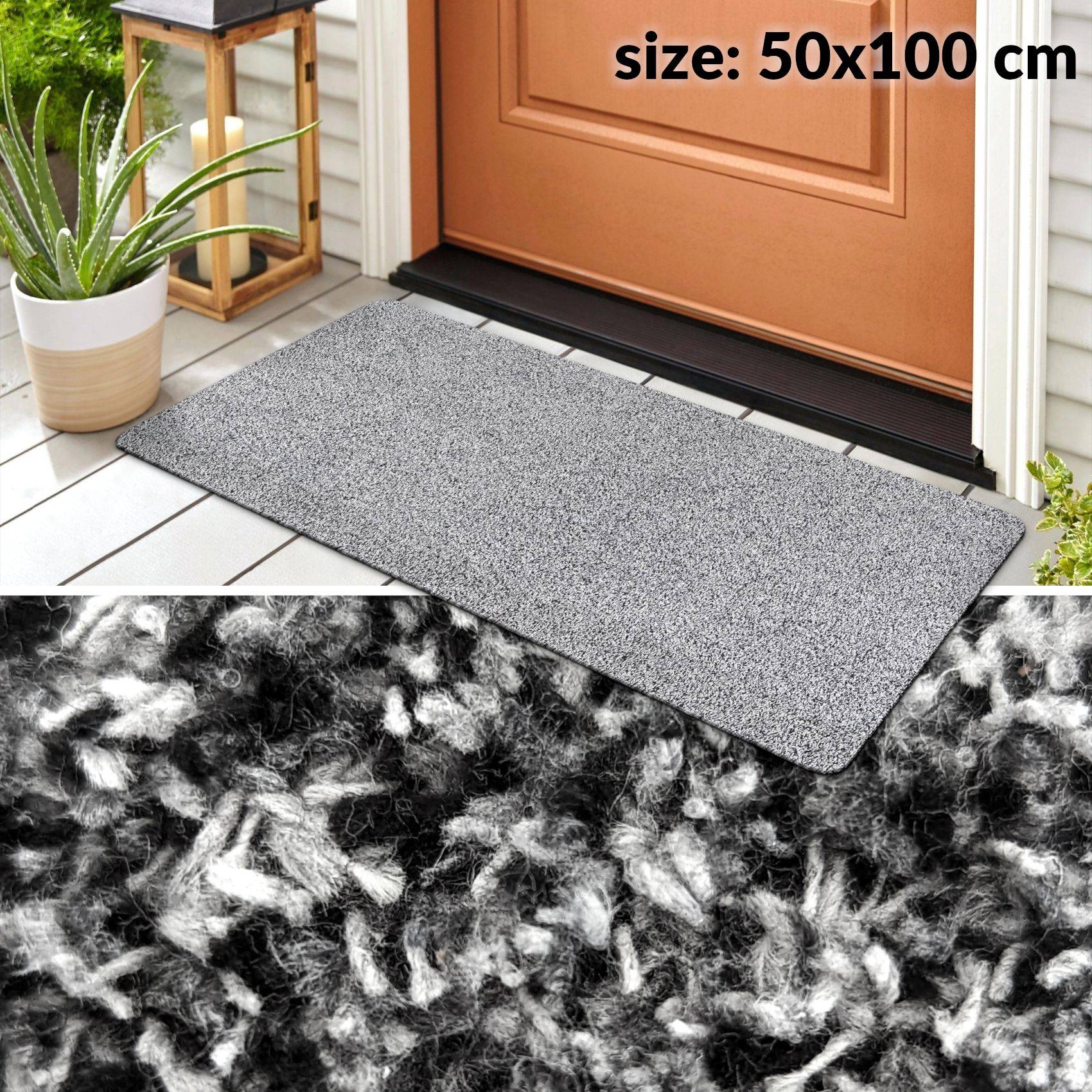 Graue strukturierte Fußmatte vor einer Tür platziert, mit der Größe '50x100 cm' dargestellt und einer Nahaufnahme ihrer gewebten Oberfläche.