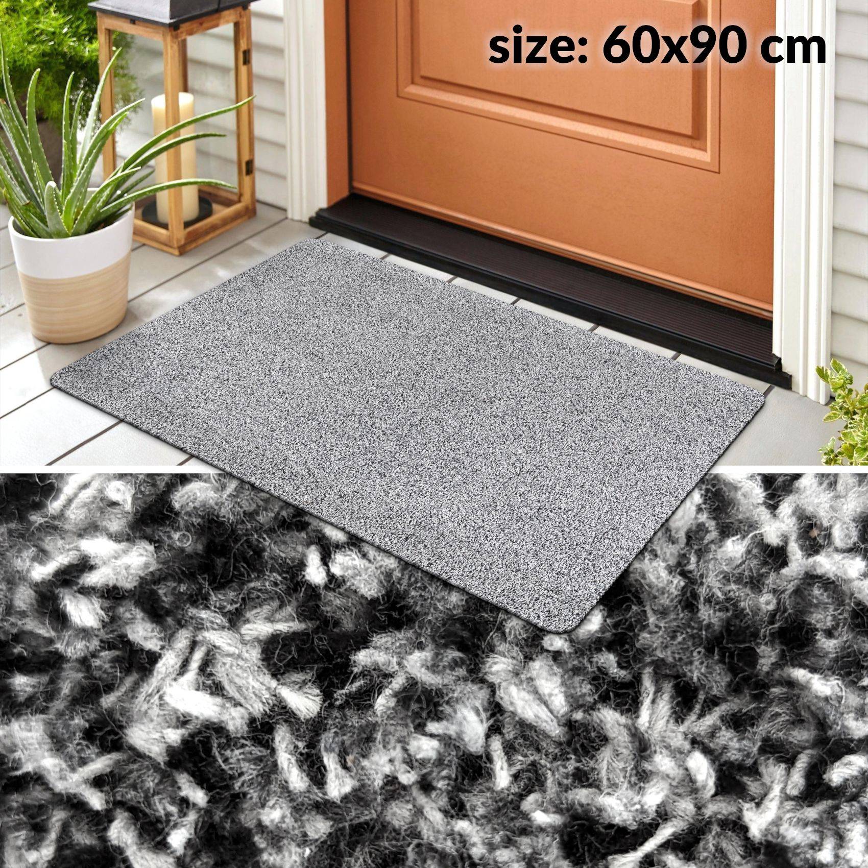 Graue rechteckige Fußmatte vor einer Haustür, gezeigt in der Größe 60x90 cm, mit Nahaufnahme der Texturdetails darunter.