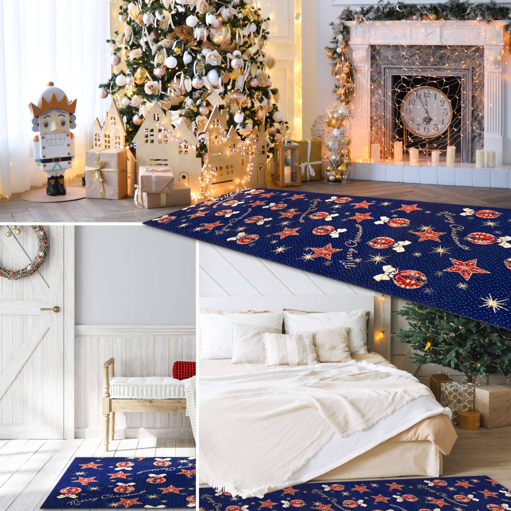 Blaugrauer Weihnachtsläufer mit roten und goldenen Ornamenten und Starburst-Muster, dargestellt in festlichen Wohn- und Schlafzimmereinstellungen.
