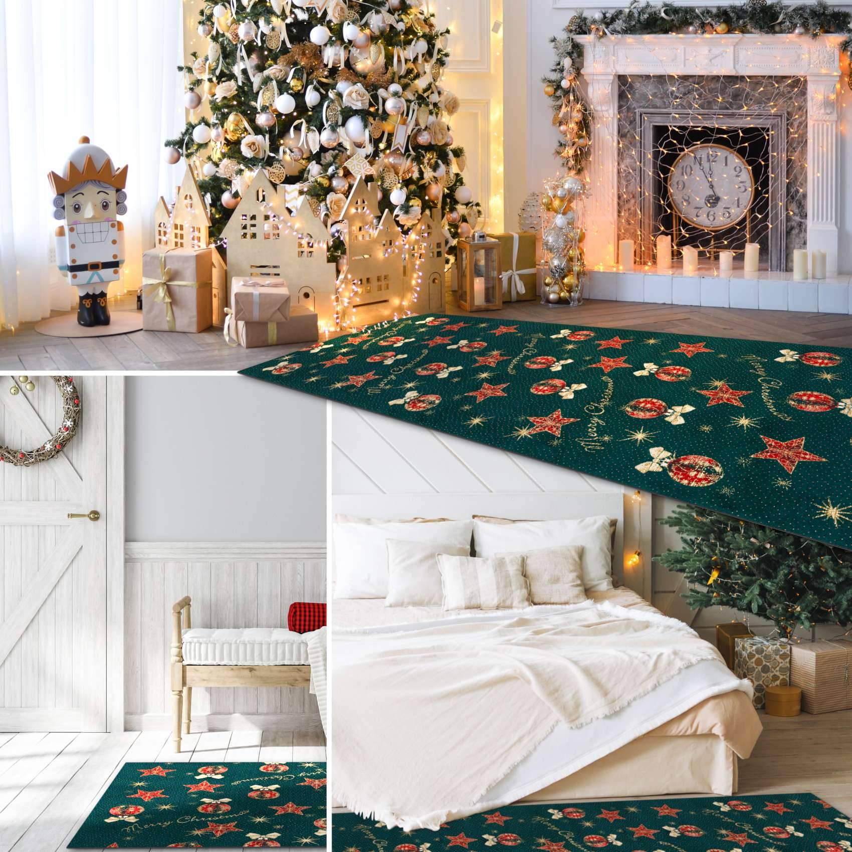 Collage aus einem grünen Weihnachtsläufer mit roten und goldenen Ornamenten, stilisiert in einem Wohnzimmer, Flur und Schlafzimmer neben einem geschmückten Baum und Kamin.