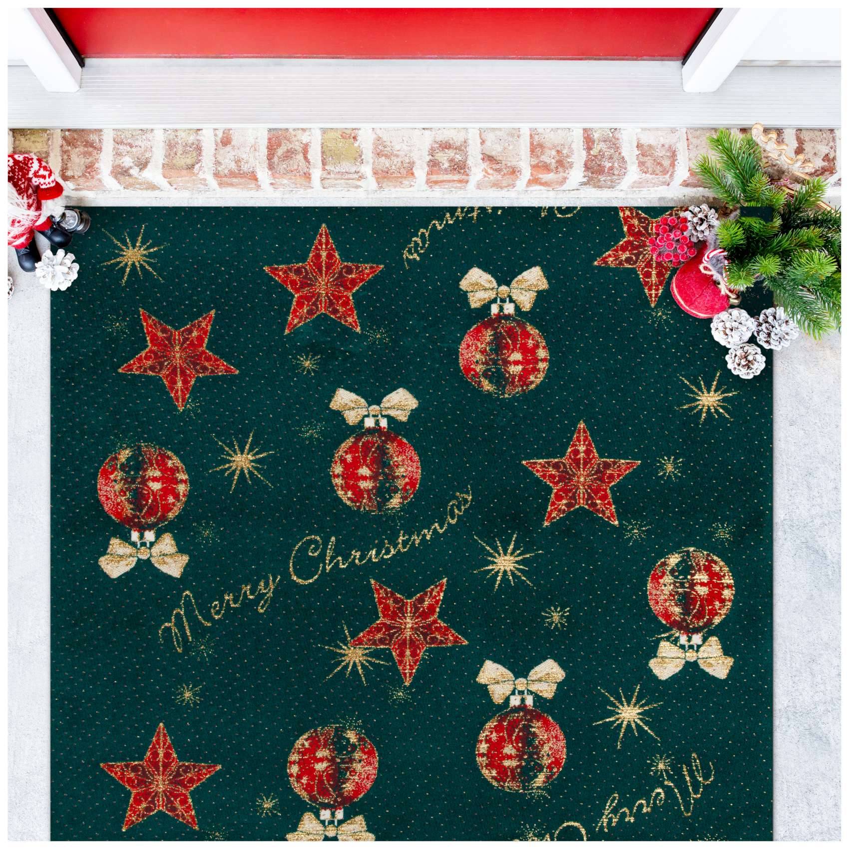 Weihnachtsfußmatte mit roten Sternen, Ornamenten und „Frohe Weihnachten