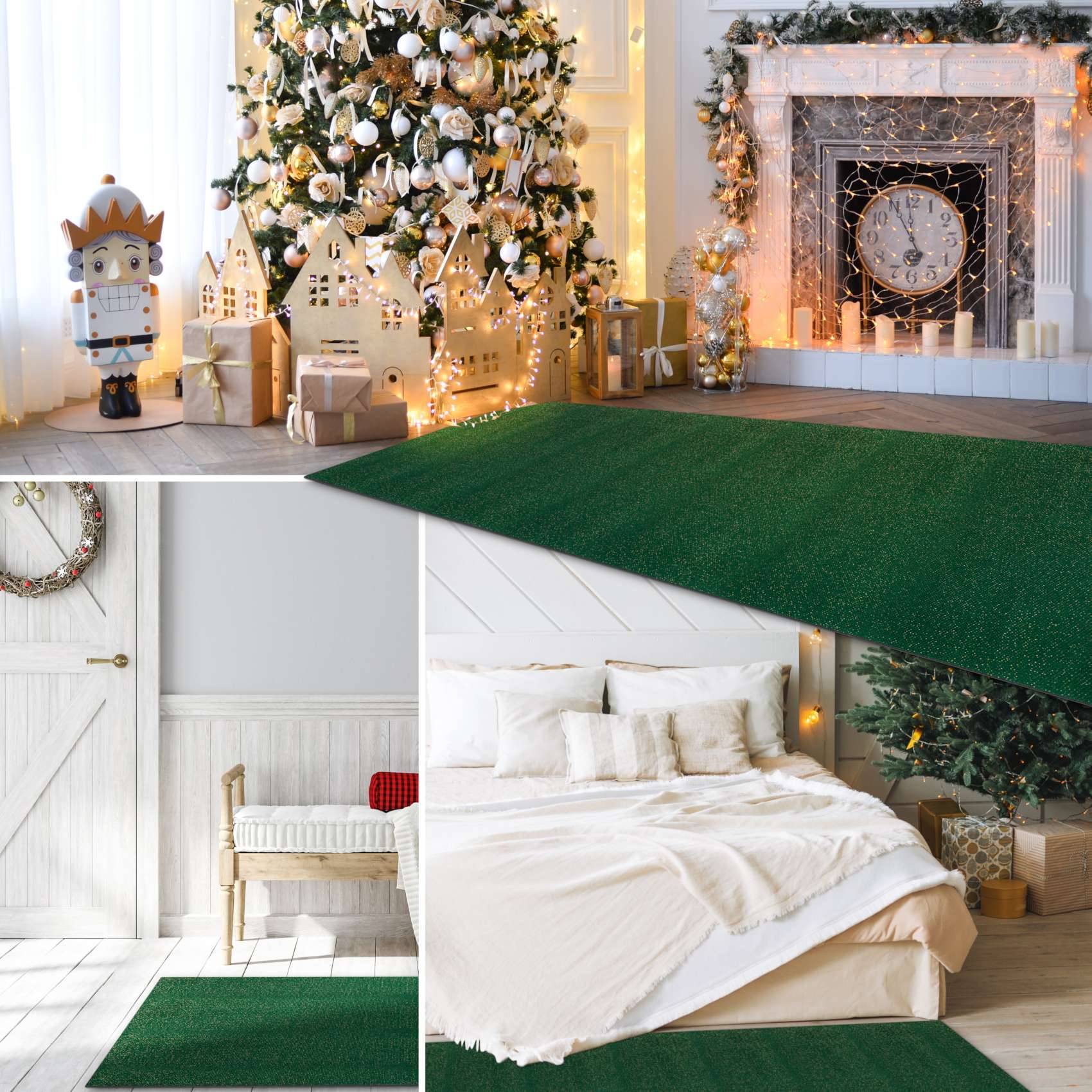 Drei Innenaufnahmen von Weihnachtsszenen mit grünen Teppichläufern: ein geschmückter Weihnachtsbaum und ein Kamin, ein weißes Schlafzimmer mit Bett und Geschenkboxen sowie ein heller Eingangsbereich mit Kranz und Bank.