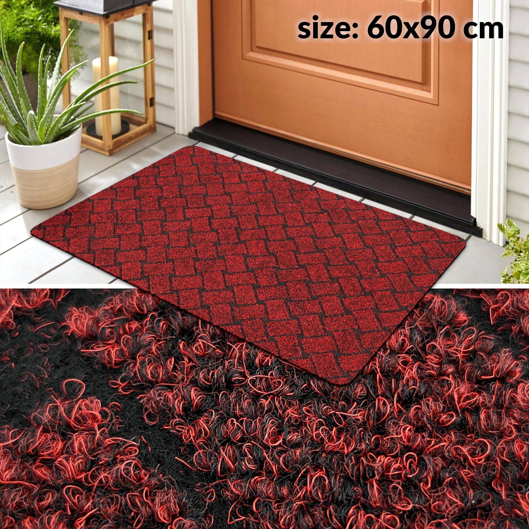 Rote und schwarze Fußmatte an einer Haustür gezeigt, Größe 60 x 90 cm, mit einer vergrößerten Nahaufnahme der Teppichmusterstruktur unten.