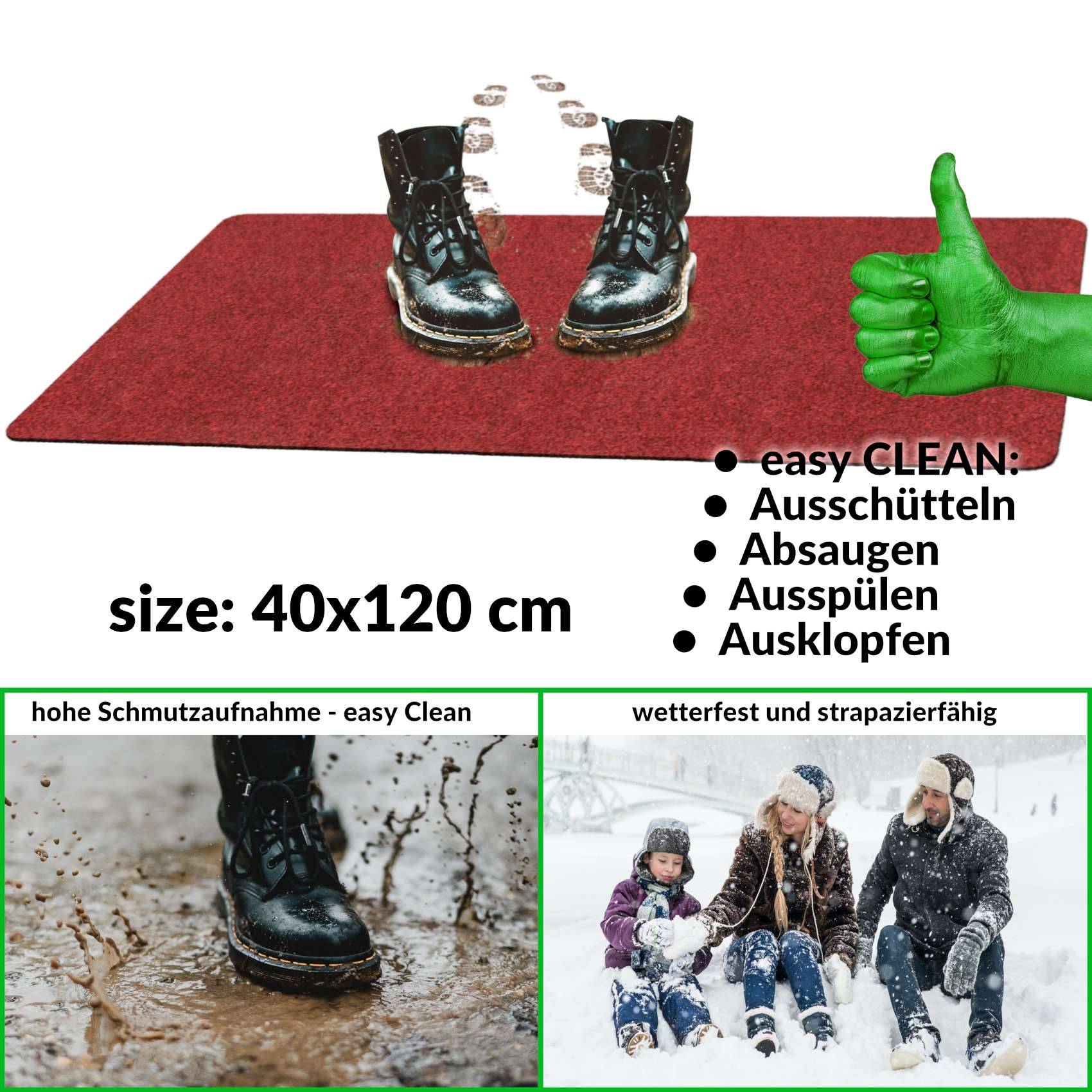 Rote Schuhputzmatte, 40x120 cm, mit Stiefeln und grünem Daumen-nach-oben-Symbol; Text sagt einfach zu reinigen, ausschütteln, absaugen, ausspülen, abklopfen und wetterfest, langlebig.
