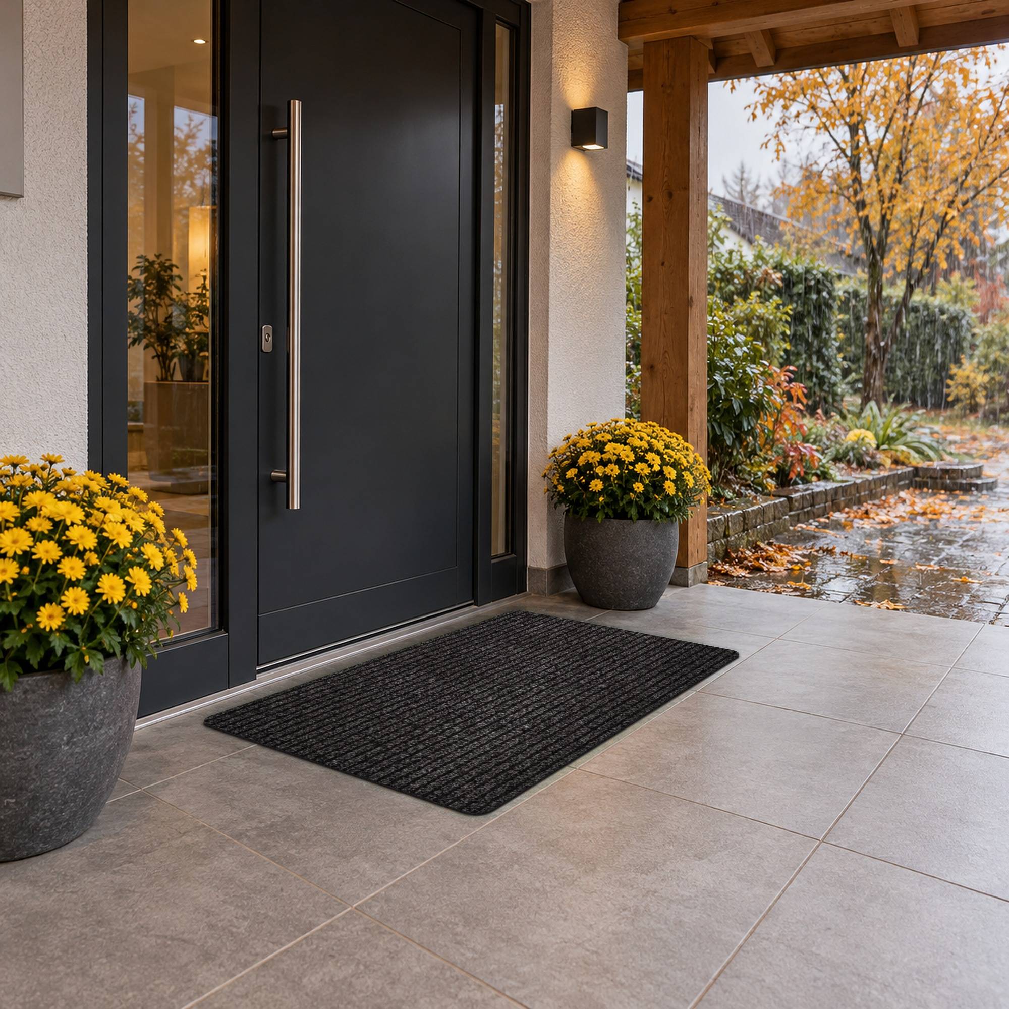 Moderne Eingangstreppe mit einer dunklen Eingangstür, gelben Blumentöpfen, Fliesenboden und einem regnerischen Herbstgartenpfad dahinter.