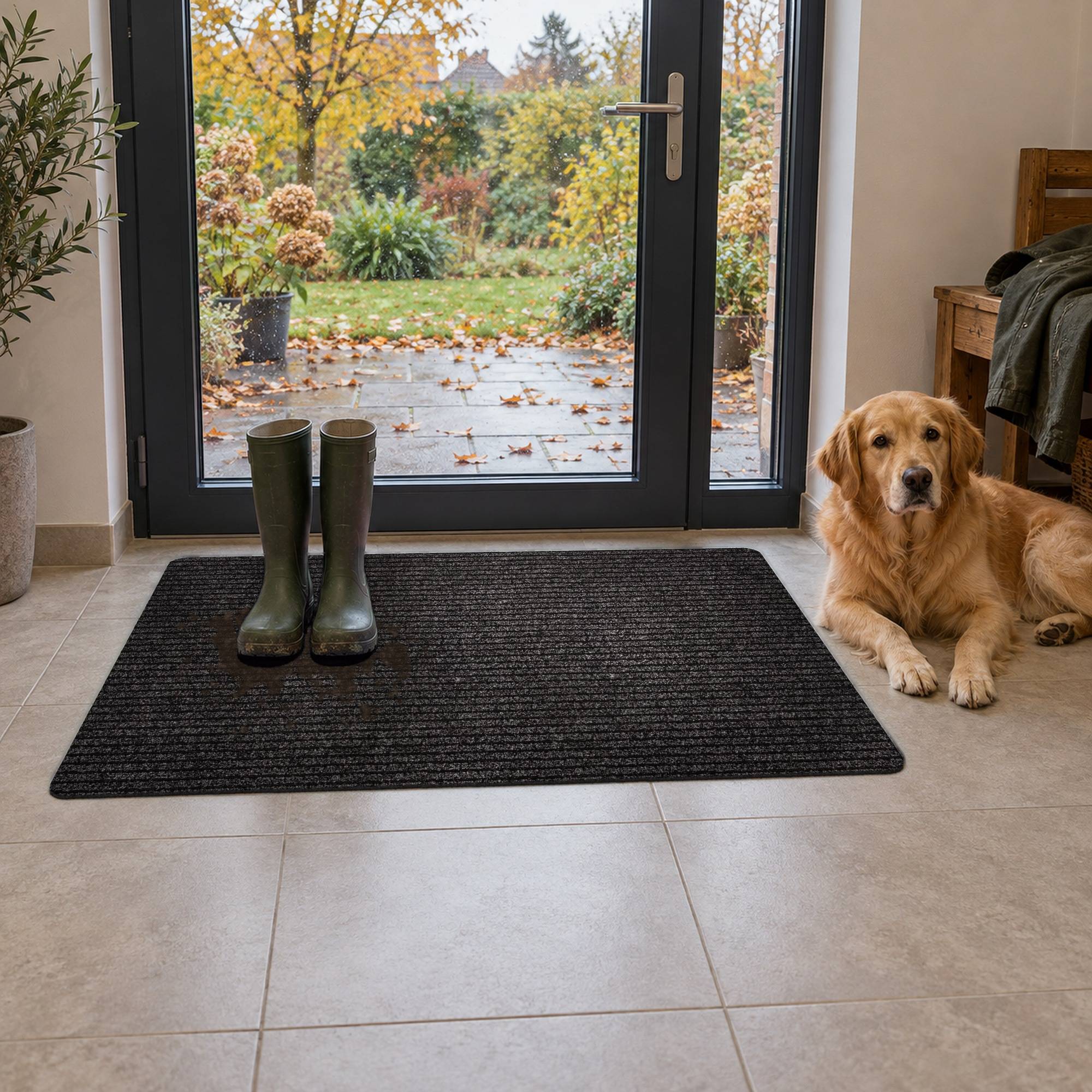 Golden Retriever, der neben einem Paar grüner Gummistiefel und einer schwarzen Fußmatte an einer Glastür liegt, mit einem sichtbaren Garten draußen.