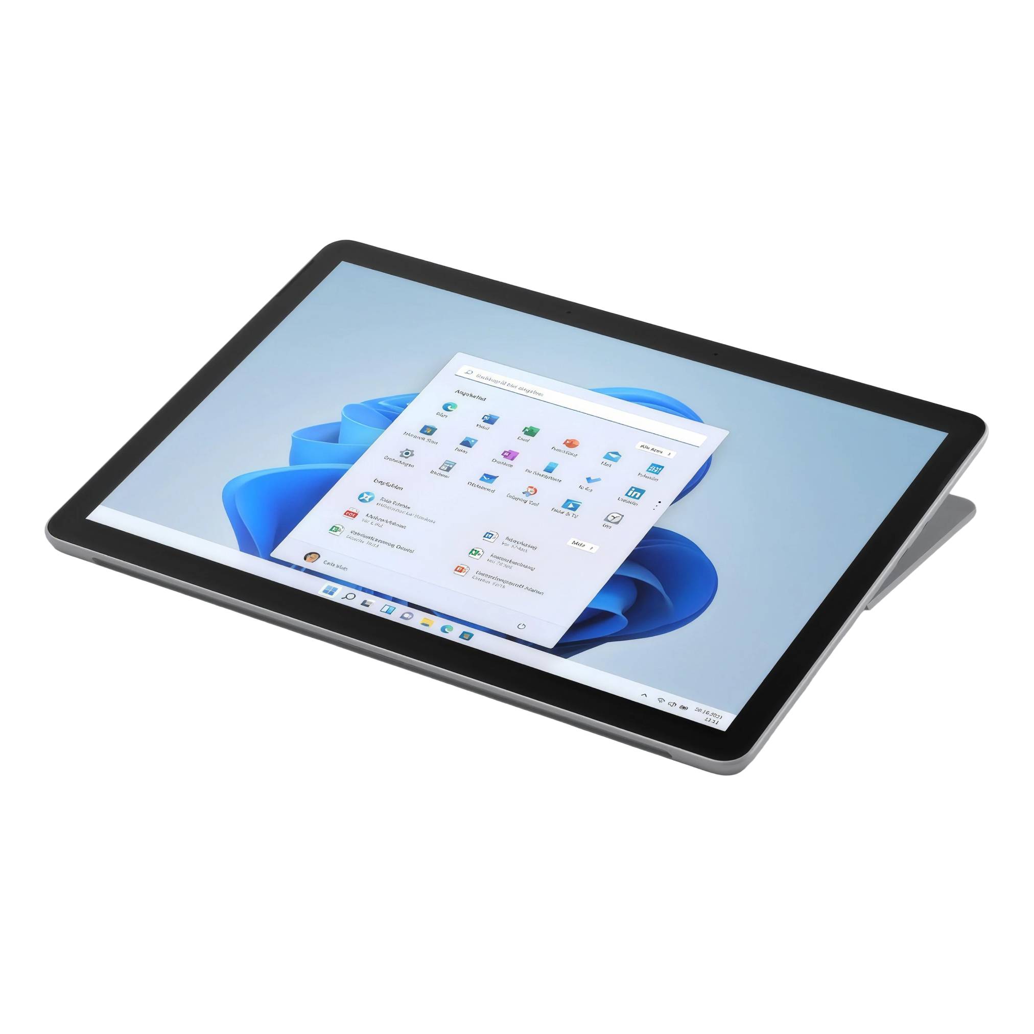 Tablet-Computer, der den Windows 11-Desktop mit geöffnetem Startmenü auf dem Bildschirm anzeigt, in einem Winkel auf weißem Hintergrund dargestellt.
