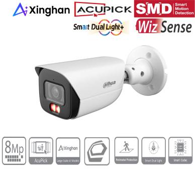 Weiße Bullet-Sicherheitskamera mit Logos für Xinghan, AcuPick, SMD-Bewegungserkennung, WizSense und Symbole für 8MP, AI und Nachtsichfunktionen.
