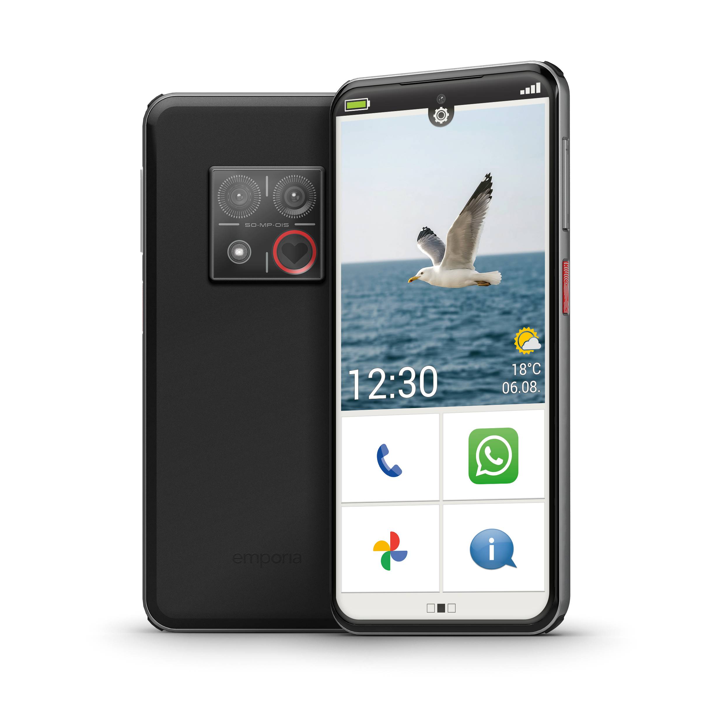 Zwei robuste schwarze Smartphones, von vorne und von hinten gezeigt, mit großem Bildschirm, Möwentapete, App-Symbolen und der Uhrzeit 12:30.