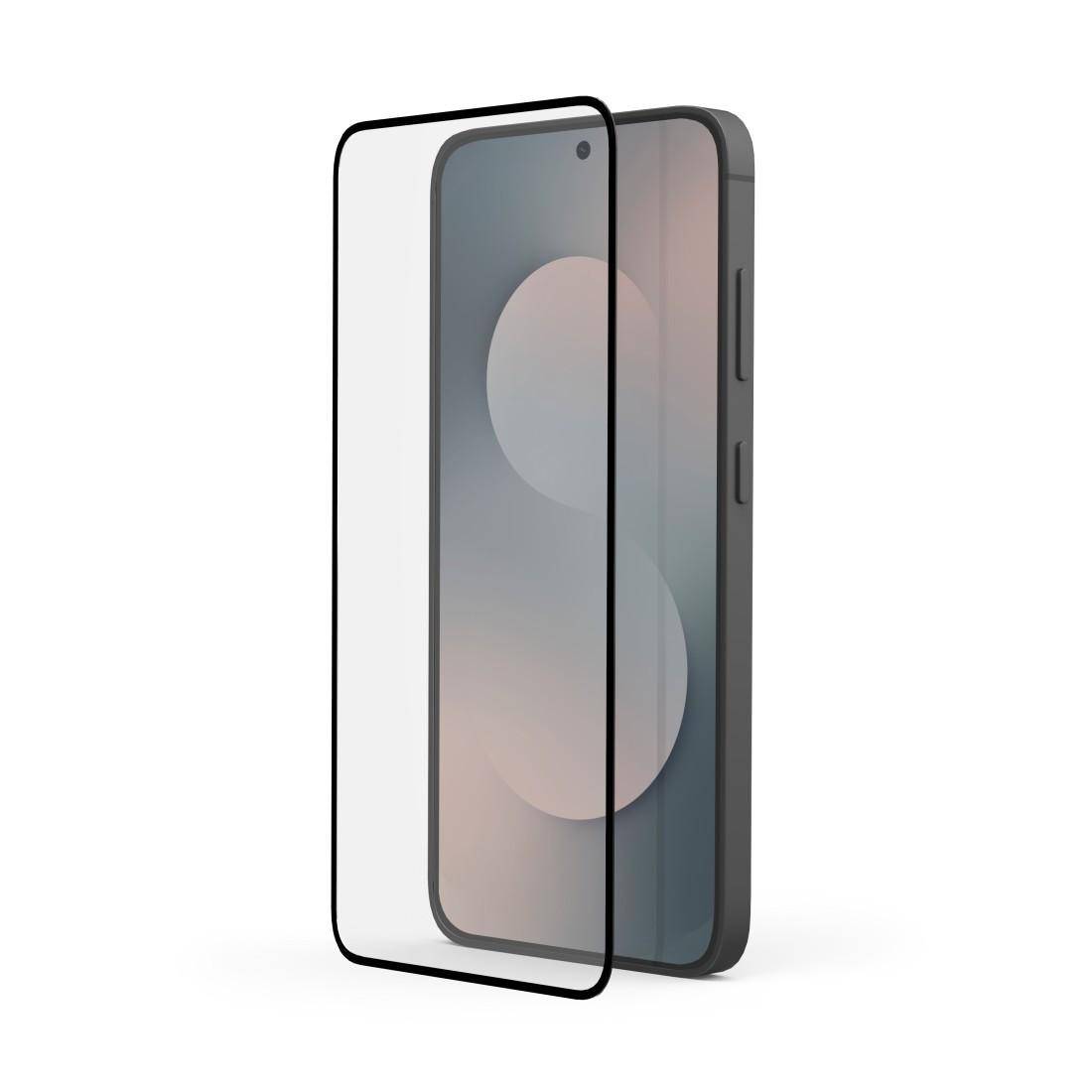 Ein Smartphone mit einer vorne angebrachten Displayschutzfolie, die vor der Anzeige ausgerichtet ist und den Geräteschutz und die Passform demonstriert.