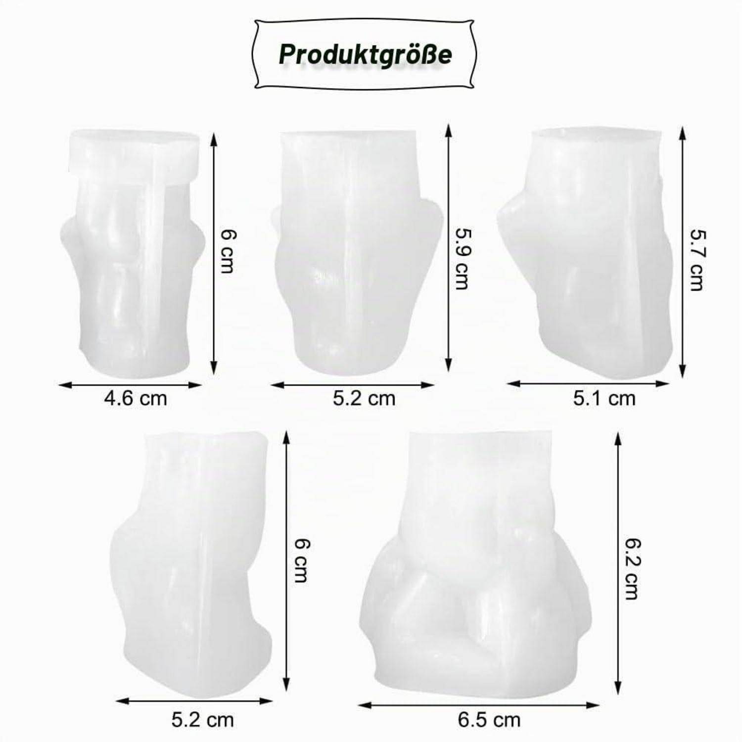 Produktgrößendiagramm mit fünf Ansichten einer kleinen durchscheinenden Komponente mit der Bezeichnung „Produktgröße