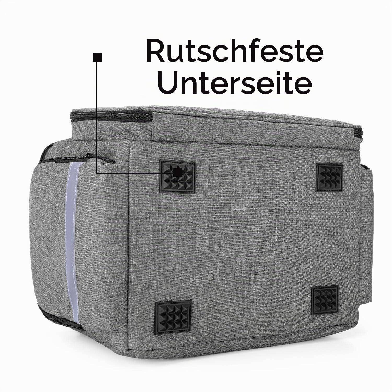 Graue Tasche von unten gezeigt mit vier rutschfesten Pads; deutscher Text sagt „Rutschfeste Unterseite" (rutschfeste Unterseite).