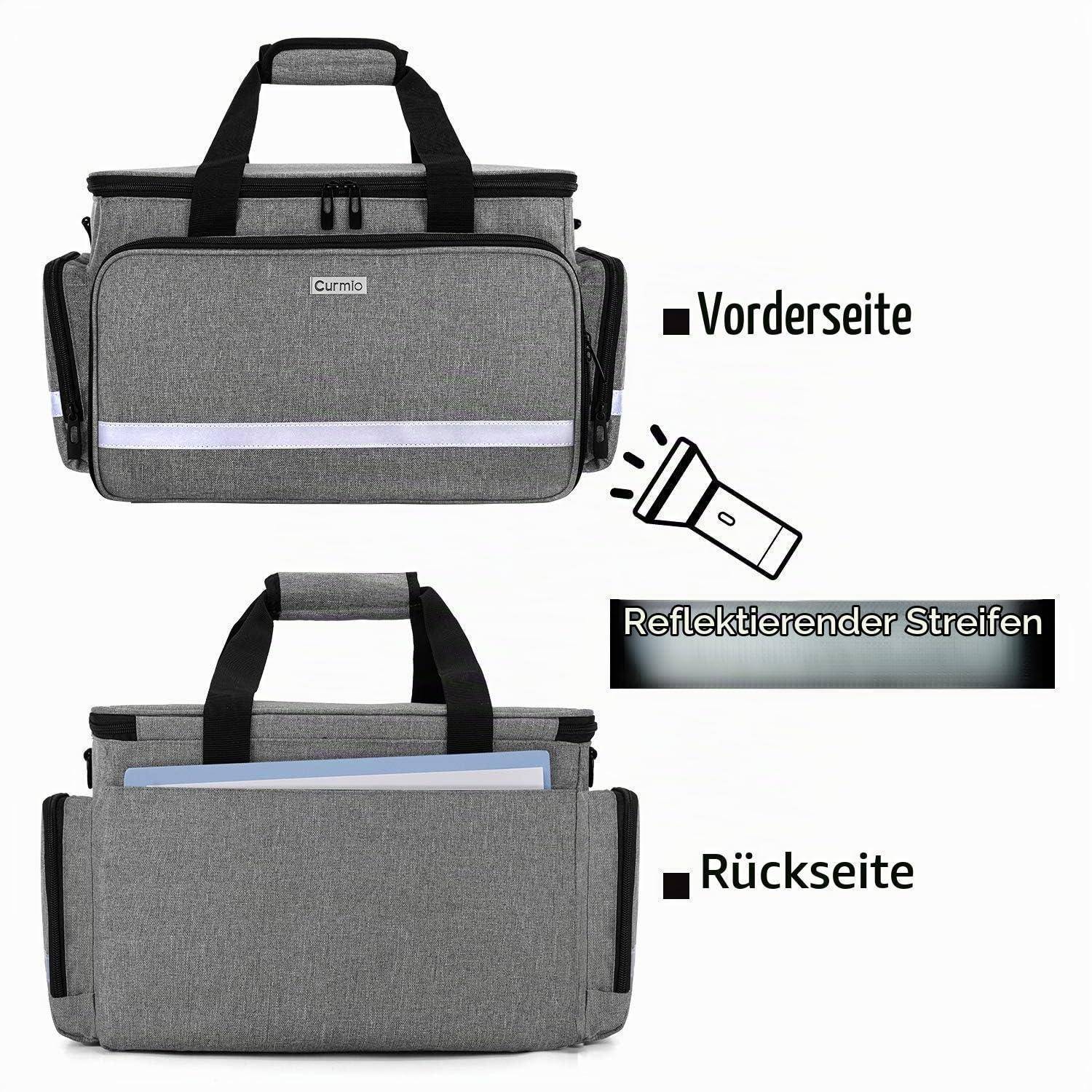 Graue isolierte Tasche von vorne und hinten gezeigt; die Vorderseite hat einen reflektierenden Streifen mit der Bezeichnung "Reflektierender Streifen"" und deutschen Beschriftungen ""Vorderseite"" und ""Rückseite"".