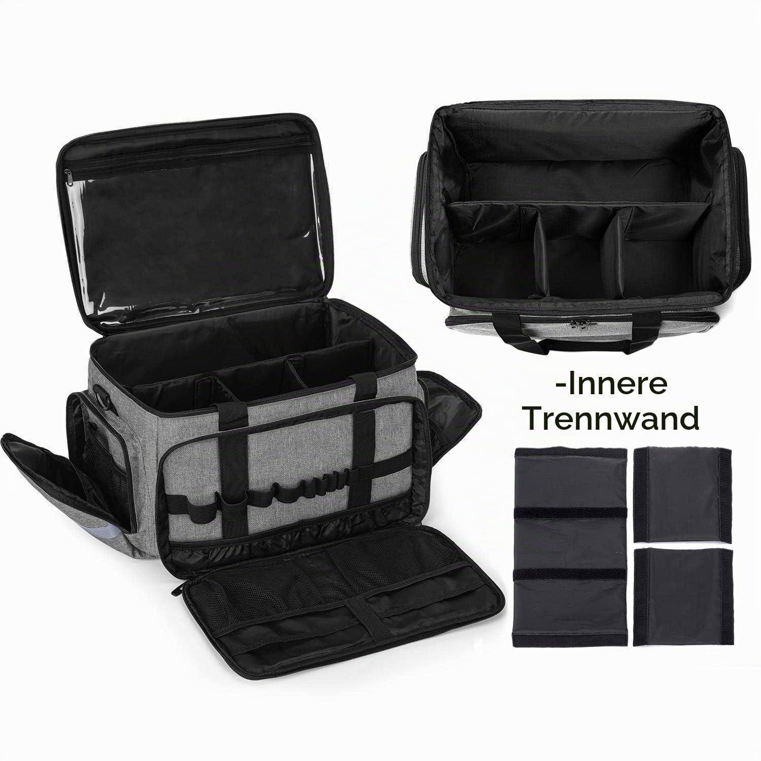 Offene graue isolierte Kühlertasche mit abnehmbarer innerer Trennwand, gezeigt mit geöffnetem Deckel und Organisatoreinsätzen mit der Bezeichnung „Innere Trennwand".