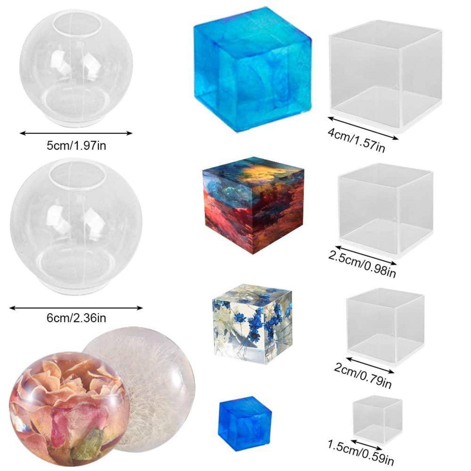 Größenvergleichstabelle für transparente und dekorative Würnamentamente, mit quadratischen und kugelförmigen Formen in den Größen 5 cm bis 1,5 cm mit Beispieloberflächen.