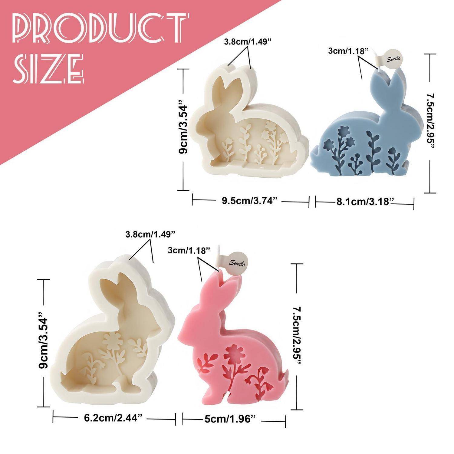 Größentabelle für Produkt zeigt einen kaninchenshaped dekorativen Behälter in drei Farben mit beschrifteten Abmessungen für jede Version in Zentimetern und Zoll.