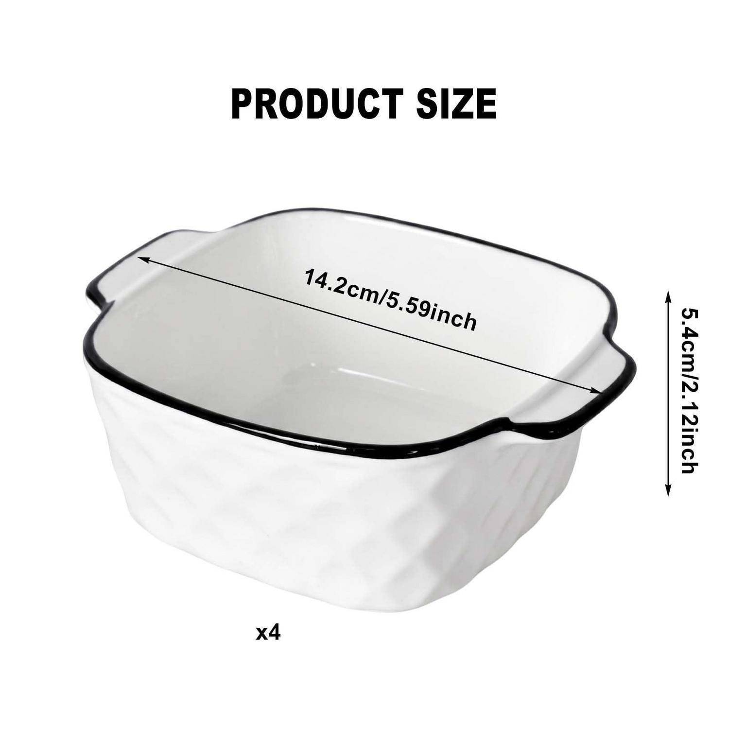 Produktgrößendiagramm eines quadratischen Behälters mit Deckel: 14,2 cm (5,59 Zoll) breit, 5,4 cm (2,12 Zoll) hoch, 4er-Pack.