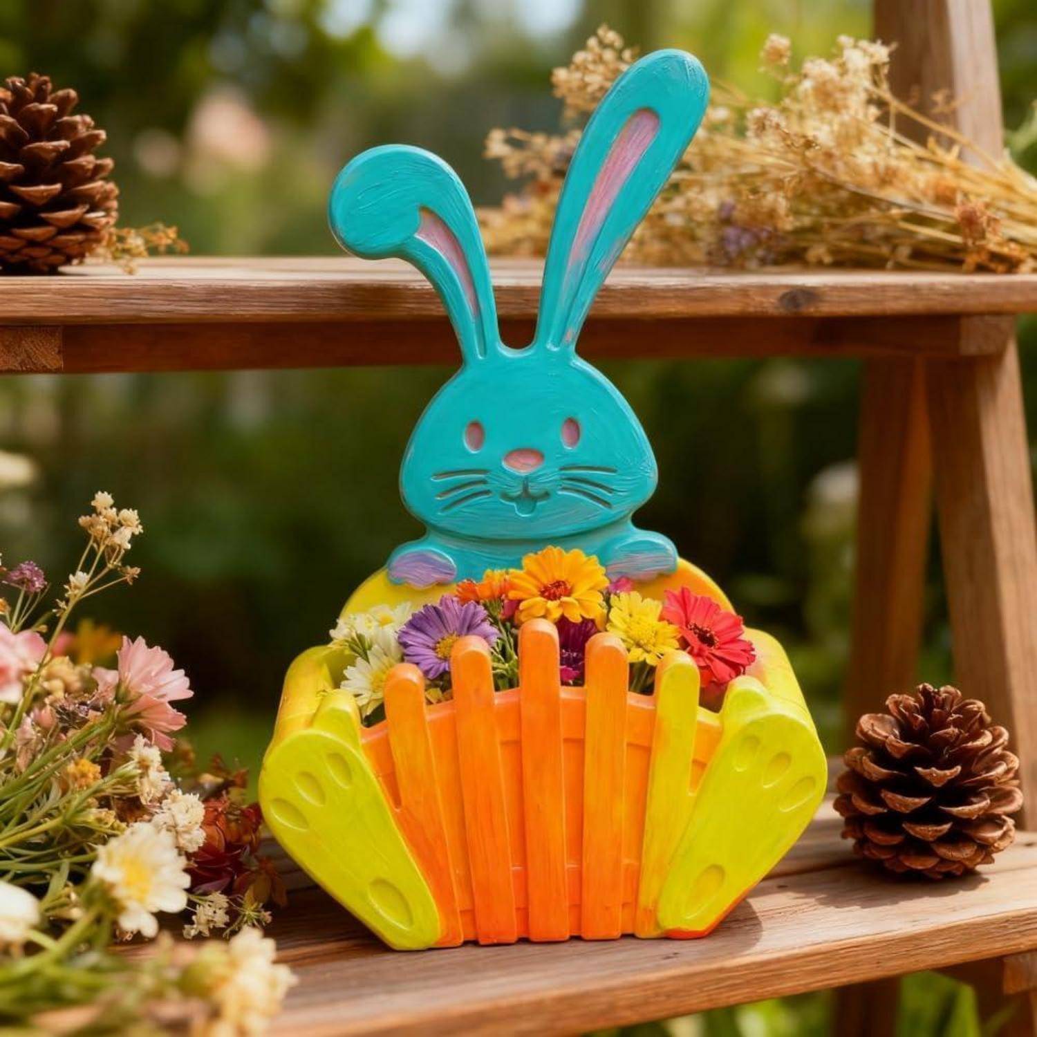 Ein türkisfarbener Osterkorb in Hasenform, gefüllt mit bunten Blumen, steht auf Holzregalen und ist von Tannenzapfen und getrockneten Blumendekoration umgeben.